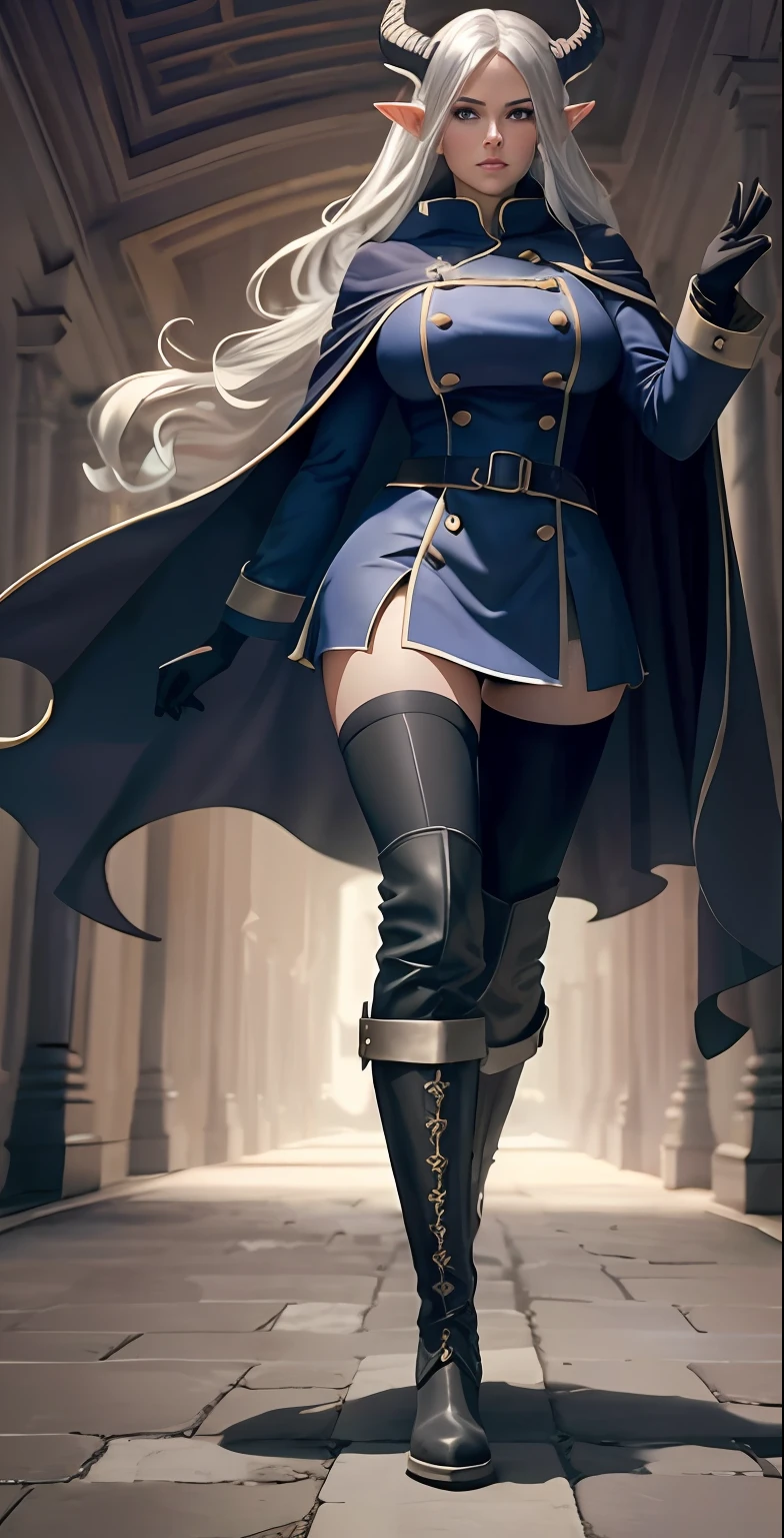 full body portrait of beautiful 1girl, solo, elf ((milf)), (very long) silver hair, tied in a knot, dark blue uniform, black knee-high simple riding leather boots, leggings, Anime style photo, Manga style, Digital art, glow effects, Hand drawn, render, 8k, octane render, cinema 4d, blender, dark, atmospheric 4k ultra detailed, cinematic sensual, Sharp focus, hyperrealistic, big depth of field, Masterpiece, colors, 3d octane render, 4k, concept art, trending on artstation, hyperrealistic, Vivid colors, huge breasts, palace corridor, black gloves:1.2, double-breasted, (looking at viewer), (seductive:1),(smile:0.4)(evil:0.9), (smirk:0.6)(from below:0.7), long coat, cape, uniform, horns