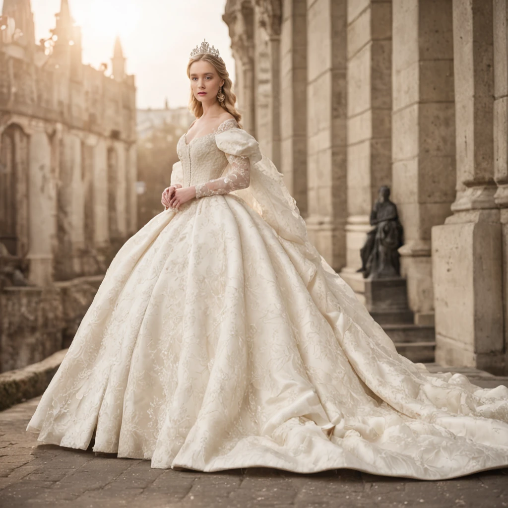 Best quality, Masterpiece, a stunningly beautiful Greer Grammer as a royal bride wearing a stately and elaborate royal wedding dress of white satin and tulle adorned with huge ribbon bows, lace, frills, flounces, embroidery and jewels, with enormous puffed sleeves, an hourglass waist and a voluminous crinoline hoopskirt, bustle, and train, long white gloves, pearl necklace and earrings, elaborately curled and styled hair
