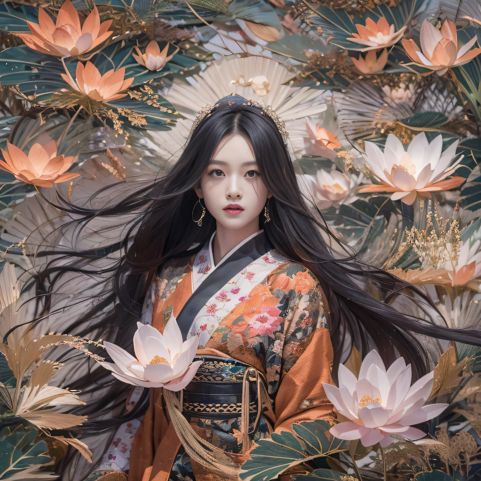 32K（tmasterpiece，k hd，hyper HD，32K）Long flowing black hair，ponds，zydink， a color，  Xuzhou people （Slightly drunk girls）， （Silk scarf）， Combat posture， looking at the ground， long whitr hair， Floating hair， Carp pattern headdress， Chinese long-sleeved clothing， （Abstract gouache splash：1.2）， Pink petal background，Pink and white lotus flowers fly（realisticlying：1.4），Black color hair，Fallen leaves flutter，The background is pure， A high resolution， the detail， RAW photogr， Sharp Re， Nikon D850 Film Stock Photo by Jefferies Lee 4 Kodak Portra 400 Camera F1.6 shots, Rich colors, ultra-realistic vivid textures, Dramatic lighting, Unreal Engine Art Station Trend, cinestir 800，Long flowing black hair，see-through transparent clothes