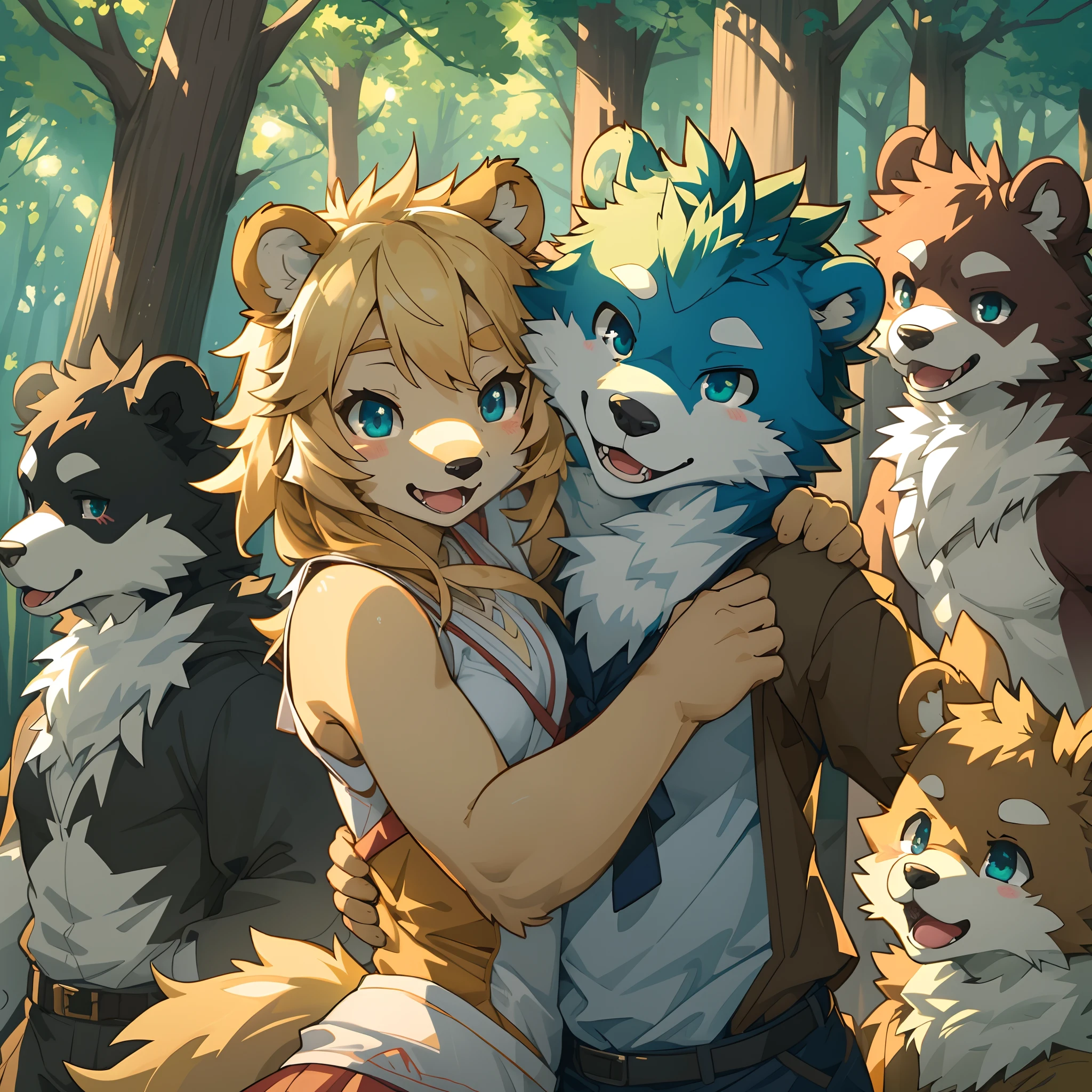 top quality, best quality, High-quality illustrations, masterpiece, super high resolution, detailed background, forest(super cute 1girl, bear, pair)singing, dancing, waltz, 6+boys, 6+girls, absurdres(highly detailed beautiful face and eyes)perfect anatomy, expression, good lighting, cinematic shadow(kemono, furry anthro)assorted poses, dynamic angle,