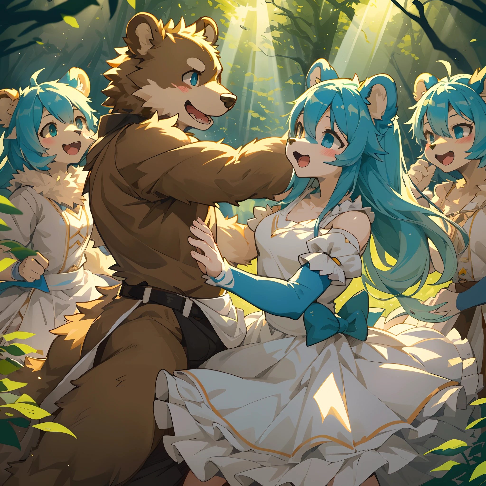 top quality, best quality, High-quality illustrations, masterpiece, super high resolution, detailed background, forest(super cute 1girl, bear, pair)singing, dancing, waltz, 6+boys, 6+girls, absurdres(highly detailed beautiful face and eyes)perfect anatomy, expression, good lighting, cinematic shadow(kemono, furry anthro)assorted poses, dynamic angle,