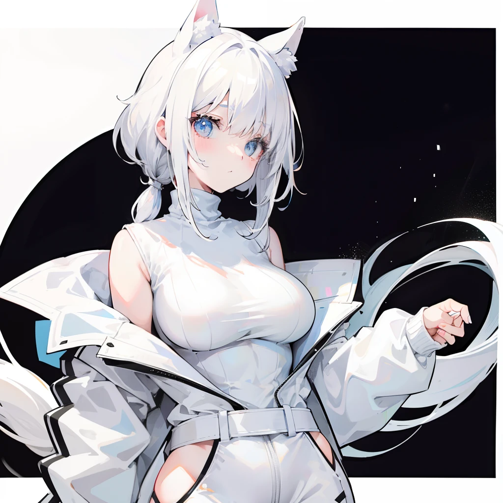 Short milky white hair,It has white horse ears,horse tailed,Wear a thick cotton jacket,Turtleneck sweater black and white like a white horse,The whole person looks big,Milky whine,She is a very cute and cute girl
