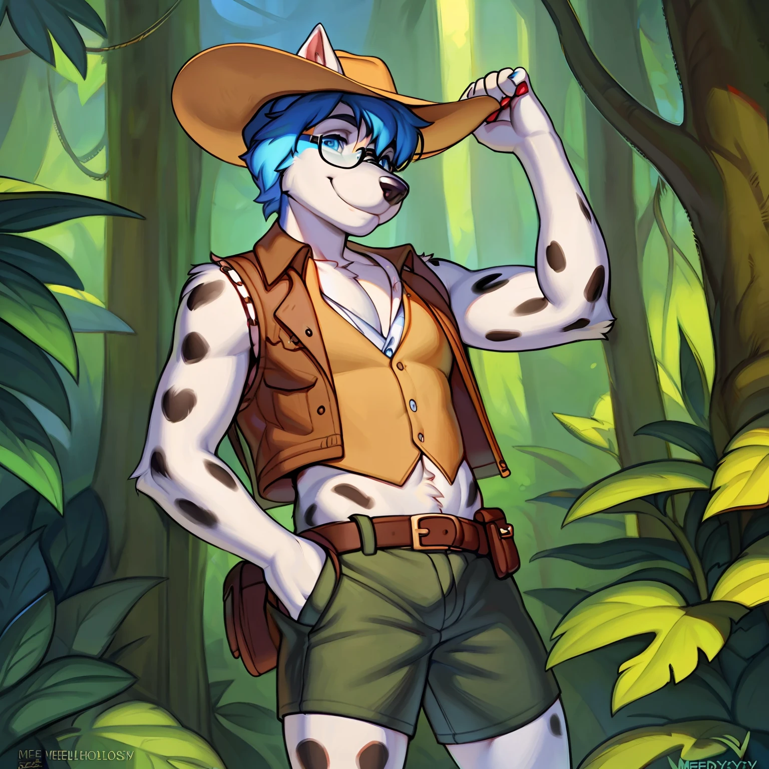 solo, standing, male, ((hair, snout)), canine, big , , by meesh, by chelodoy, by spuydjeks, by vexstacy, dalmation, smiling, blue eyes, glasses, standing in a rainforest, cowboy hat, tan vest, utility belt, khaki cargo shorts, big black boots, blue hair, blue eyes