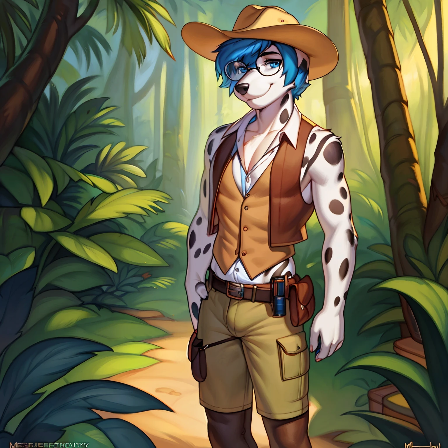 solo, standing, male, ((hair, snout)), canine, big , , by meesh, by chelodoy, by spuydjeks, by vexstacy, dalmation, smiling, blue eyes, glasses, standing in a rainforest, cowboy hat, tan vest, utility belt, khaki cargo shorts, big black boots, blue hair, blue eyes