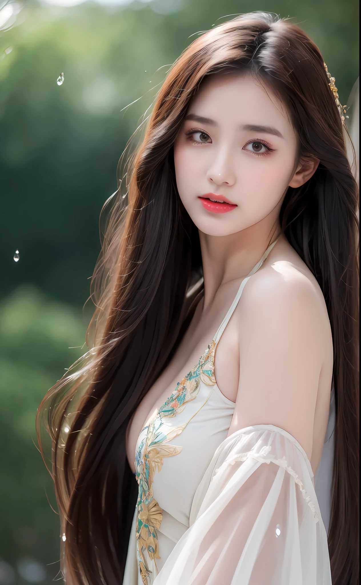 ((Best Quality, 8k, Masterpiece: 1.3)), Focus: 1.2, Perfect Body Beauty: 1.4, Buttocks: 1.2, ((Layered Haircut)), (Wet Clothes: 1.1), (Rain, Street:1.3), (Breasts: 1.2), (Hanfu: 1.2), Bare Shoulders, Bare Legs, Highly Detailed Face and Skin Texture, Fine Eyes, Double Eyelids, Whitened Skin, Long Hair, (Shut Up: 1.5), (Bokeh Background: 1.5), Big Breasts