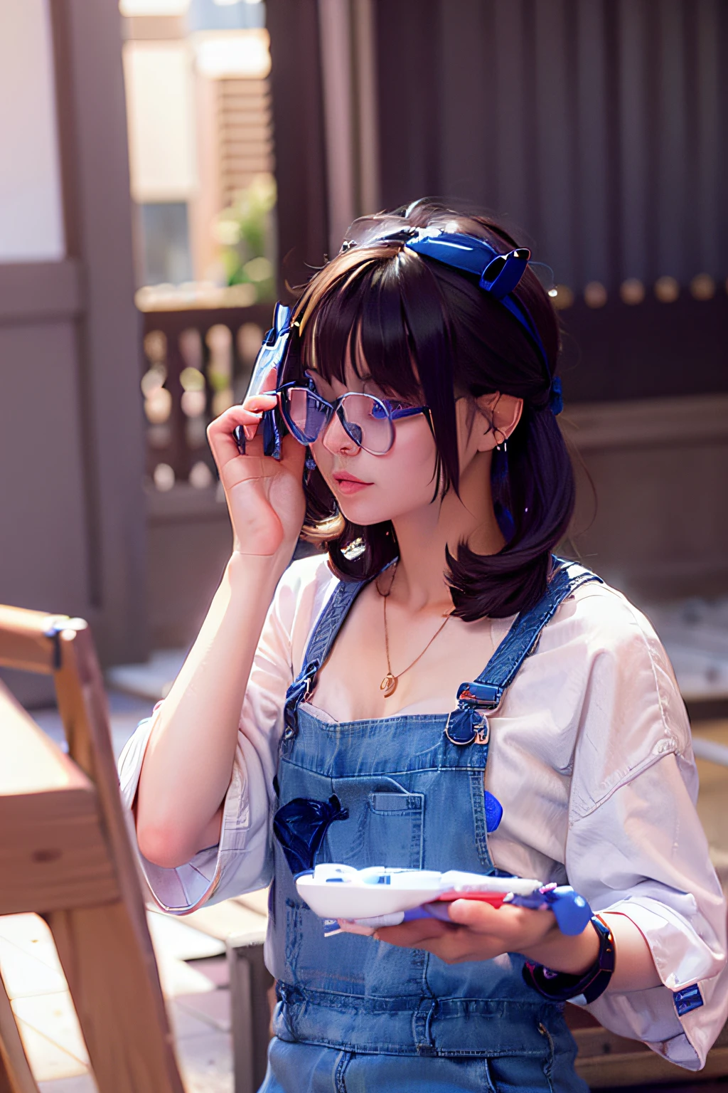 Arafe girl with blue eyes and white shirt is painting, wearing small round glasses, Realistic and cute girls, wearing thin large round glasses, girl wearing round glasses, thin round glasses, Girl with glasses, lofi girl aesthetic, thick round spectacles, Realistic. cheng yi