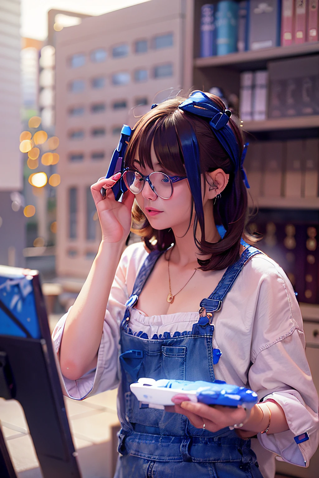 Arafe girl with blue eyes and white shirt is painting, wearing small round glasses, Realistic and cute girls, wearing thin large round glasses, girl wearing round glasses, thin round glasses, Girl with glasses, lofi girl aesthetic, thick round spectacles, Realistic. cheng yi