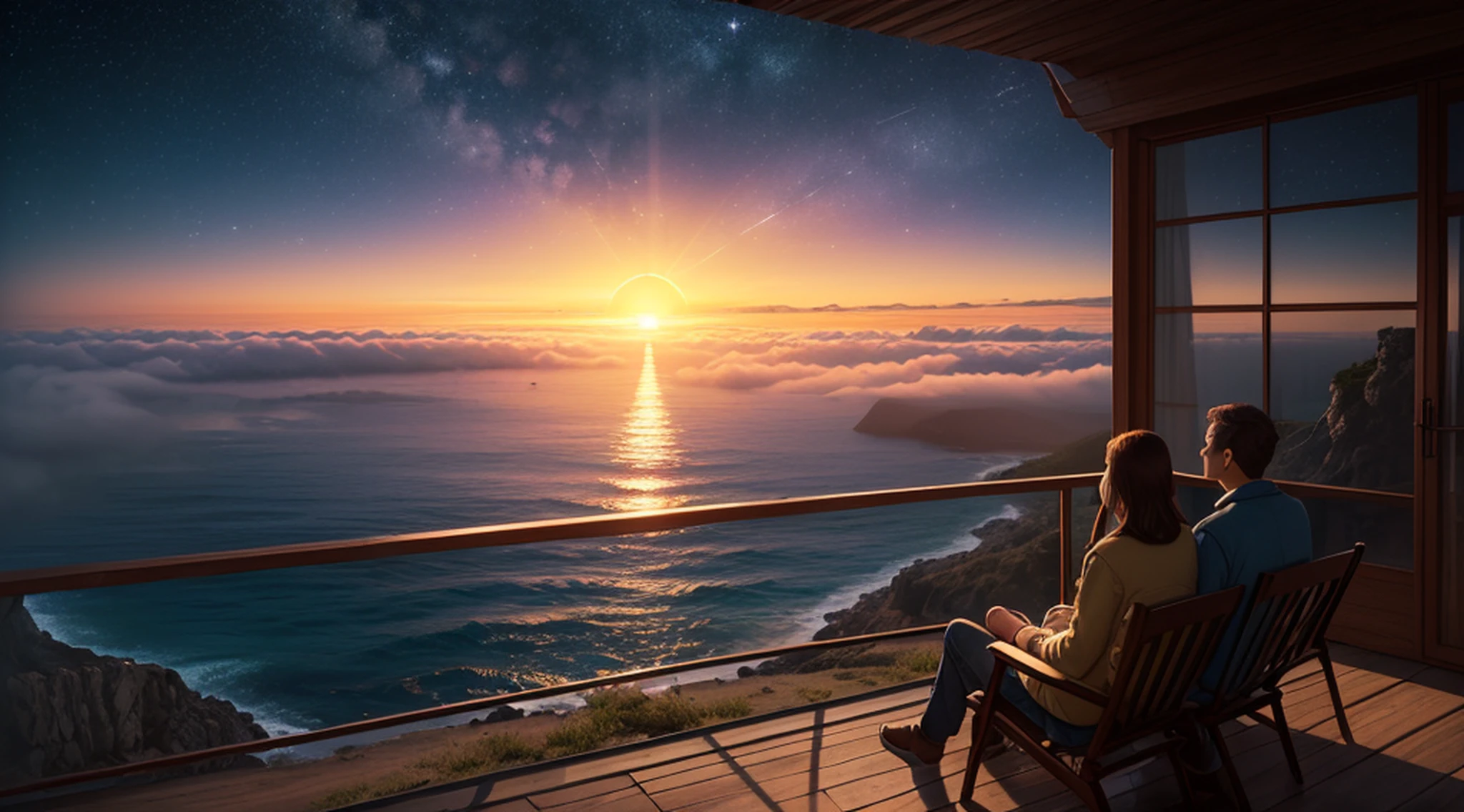 (Sunrise by the sea:1.5), A couple sitting by the sea, Many starlight, (ultra-detailed:1.5), 32k, cinematic angle, floating, (detailed light), beautifully detailed sky, starry sky, fog, snow, (painting), (sketch), lifelike texture, Hires upscale: 1.7, Hires upscaler: 4x_NMKD-Siax_200k, Denoising strength: 0.45, (illustration), cinematic lighting, (bloom), silhouette, backlighting, drop shadow, Ultra-Wide Angle