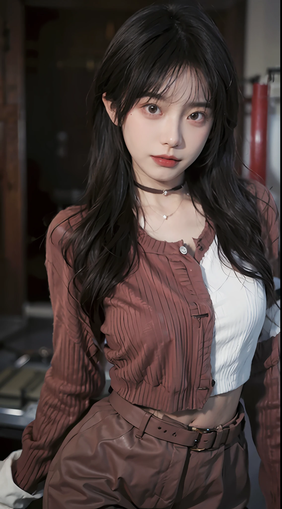 best qualtiy, 超高分辨率, (realisticlying:1.4),Baoyu Girl,lipsticks,1girll, ,Cropped red sweater,a sense of atmosphere,Beautiful woman with a slim figure:1.4, Abs:1.1, 浴室,Ultra-fine face,Leather clothes,Elaborate Eyes,二重まぶた,choker necklace