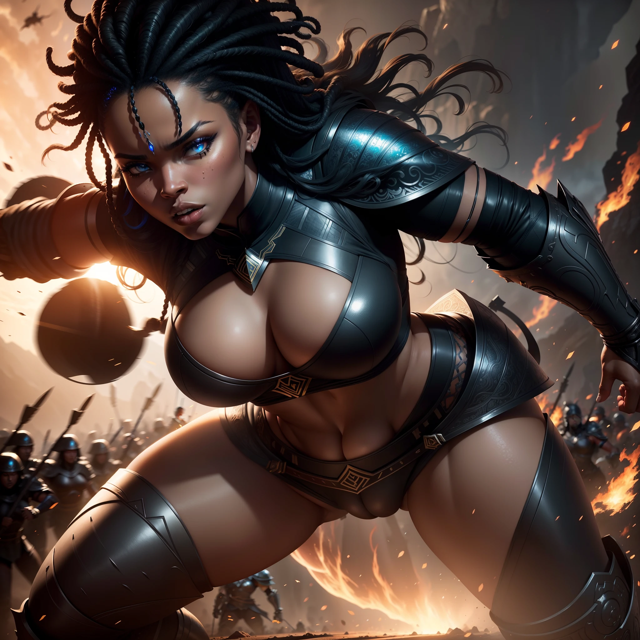 Beautiful black curvy warrior woman in battle with her army beside her, fierce and brave, with iridescent light, highly detailed images, vibrant beautiful colours, photorealistic image, 8k, ultra HD, unreal engine rendered, cinematic lighting, artgerm style,