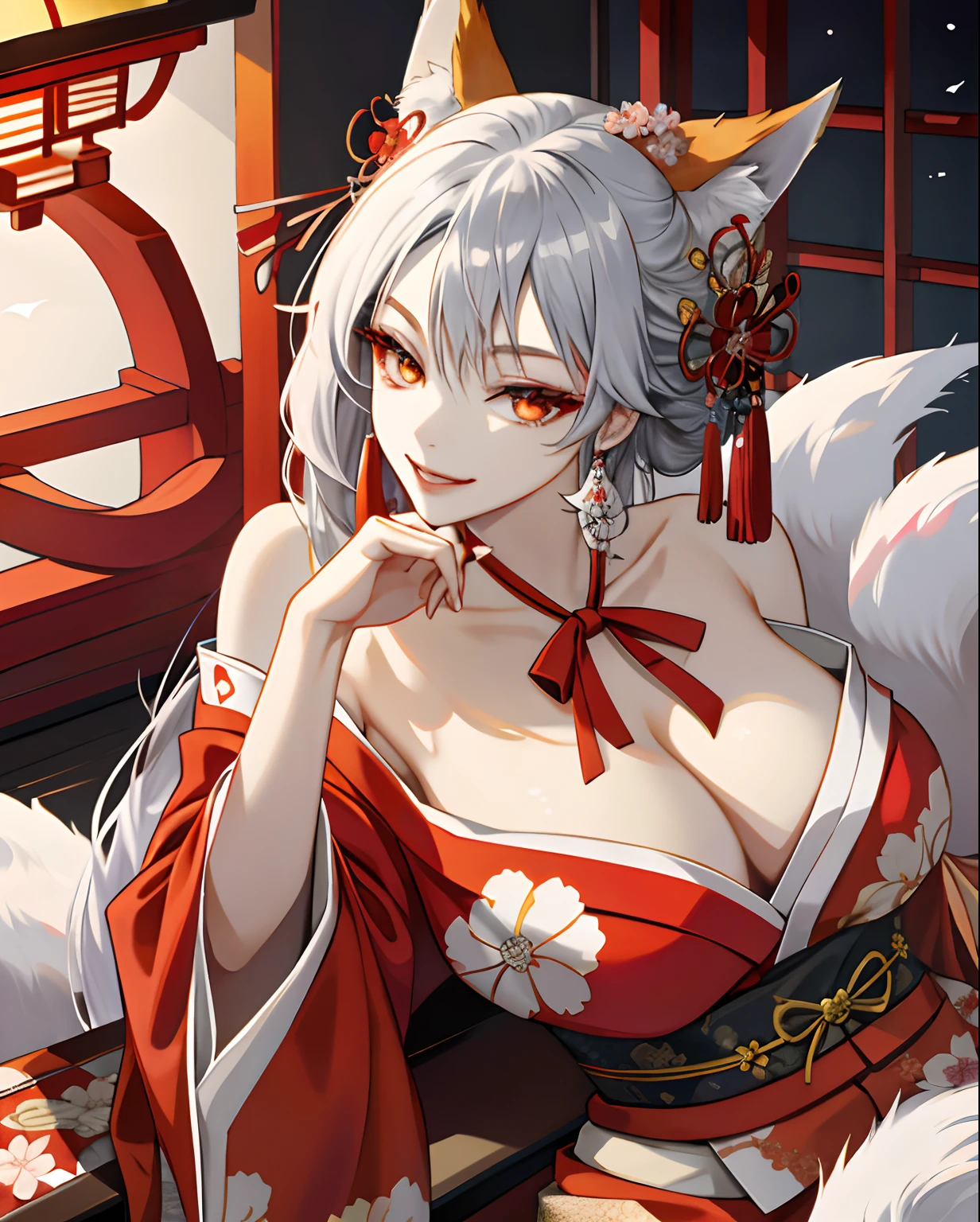 A Oiran masterpiece,solo,Nine tailed fox ,nine pairs of long and large foxes, beautiful, top quality, cleavage, fantasy,long silver hair,hair jewelry, Big boobs, big chest,elegant, attractive smirk ,fox ears, big ruby eyes,Traditional Japanese long dress (Kimono,exquisite, multi-layered)), red eyeliner on the lower lid,lying position, chin on hand ,bow ribbon tied at the neck,Evening scene of old Japan Edo period