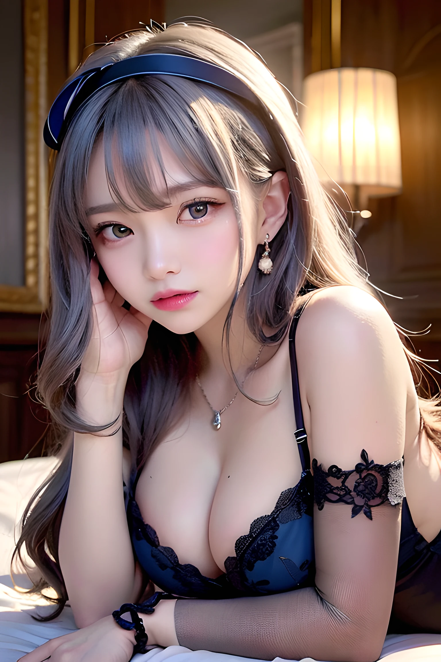 ((Cover your chest with your hands ,No top)),Pouting slightly,The back exposes the buttocks,Lie down exposed,lying down,Butt up,Hands and feet apart,Soft sunken bed,table lamp,((tmasterpiece)),on back,Naked,(No top|The quilt covers the upper body:0.5)(realisticlying:1.2) tmasterpiece, best qualtiy, high high quality, absurderes, rich colourful, stunning art, best qualtiy, ultra - detailed, beautifuldetails, reflective hair, Good lighting, Ray traching, depth of fields, ultra - detailed, illustratio, astounding, finedetail, The is very detailed, ((ultra - detailed)), (Beautiful Meticulous Girl), Beautiful detail glow, Complicated details, A high resolution, Extremely refined and beautiful, beatiful detailed eyes, hdr, Round eyes, detailedfacialfeatures, (Round pupils:1.4) (illustratio), (美丽细致的眼睛), (very vey very detailed face)), depth of fields, (alluring face), (evilsmile:1.3), parted lip, (looking at viewert:1.1), closeup cleavage, wide wide shot, Side Body, photore, lewd poses , Moody light, Sistine Phil Beldev,, leges, ssmile, daysies,(((tmasterpiece,Best quality,A high resolution)))),Extremely detailed 8K,Beautiful girl with busty body,(hyper HD,ultra - detailed,High detail,high realistic,Ultra-realistic,Photo realism),(1girll:1.5),(realistic dark hair),Short curly hair,Bob cuts hair,(Dynamic posture),Face the camera,A shallow smile,Open lips,Light blue eyes,Average chest,乳溝,(Beautiful and detailed face,Beautiful and delicate eyes),sweat leggs,luminous,(Sunlight,Sunlight),(Beautiful buttocks 0.5),Cover your chest with only your hands,hips bare,,Large-rim glasses,earring,Pink sexy yarn,(Black sexy lingerie、Black openwork underwear、Transparent embroidered tulle underwear set)Lace pantyhose、Lace gloves、Wedding headscarf、pearls necklace,Bridal bandana,(toppless)Very small panties((Twine crotch knot))(Place your hands behind your head to tie the knot)Only the genitals are covered,Moles under eyes, ((Gray-blue hair,Headbands,Headband)),Crystal glowing necklace,It is raining outside the floor-to-ceiling windows,misterious。