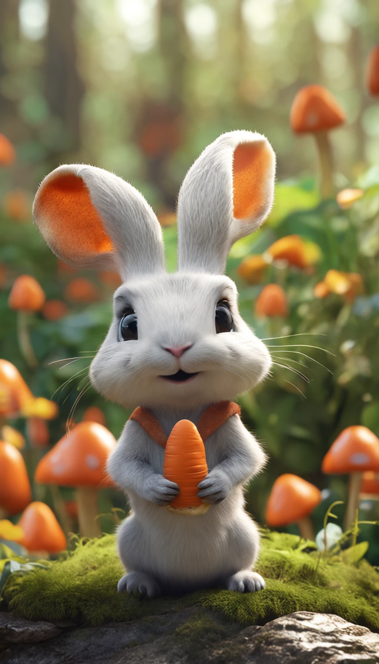 adorable creature,Similar to a rabbit and carrot mix, Adorable, Cute, Furry, Fluffy, forest, Mushrooms, Wear a mushroom hat