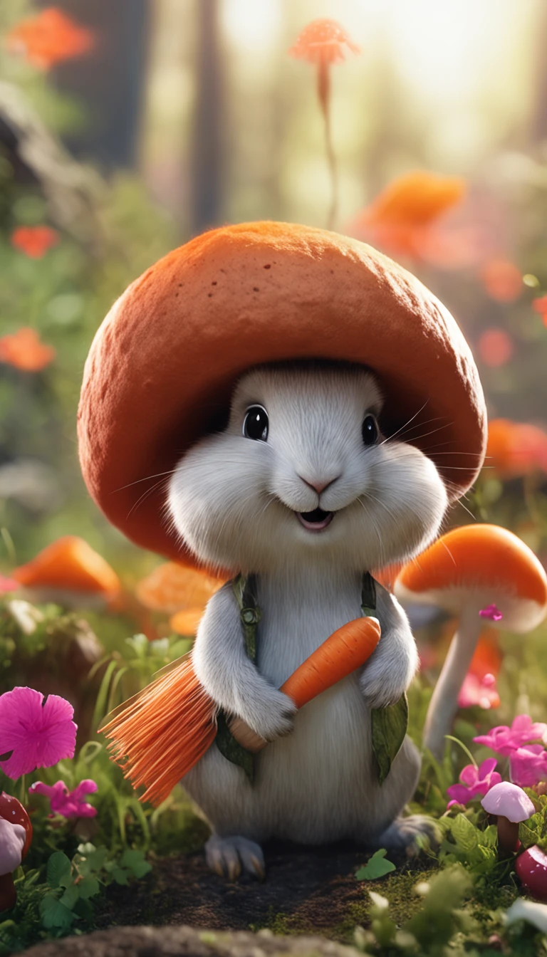adorable creature,Similar to a rabbit and carrot mix, Adorable, Cute, Furry, Fluffy, forest, Mushrooms, Wear a mushroom hat