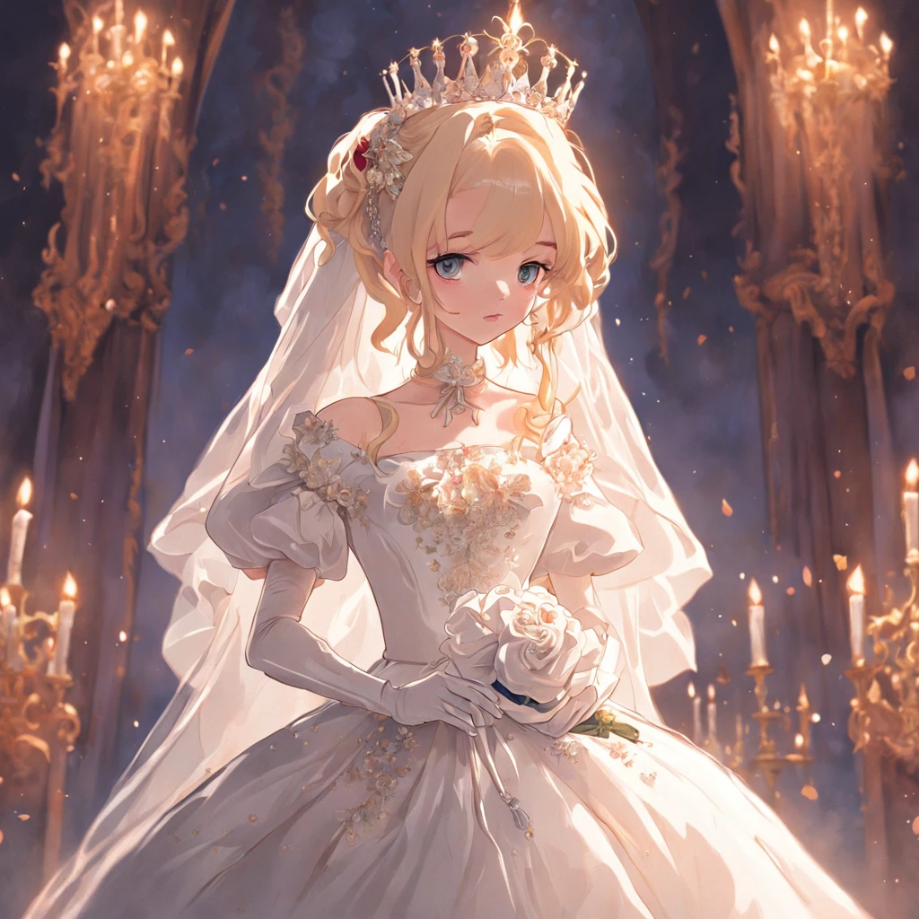 Best quality, Masterpiece, a stunningly beautiful Greer Grammer as a royal bride wearing a stately and elaborate royal wedding dress of white satin and tulle adorned with huge ribbon bows, lace, frills, flounces, embroidery and jewels, with enormous puffed sleeves, an hourglass waist and a voluminous crinoline hoopskirt, bustle, and train, long white gloves, pearl necklace and earrings, elaborately curled and styled hair