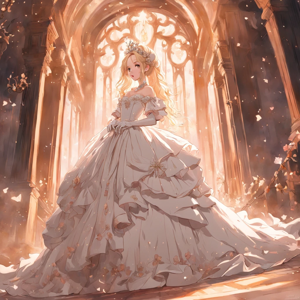 Best quality, Masterpiece, a stunningly beautiful Greer Grammer as a royal bride wearing a stately and elaborate royal wedding dress of white satin and tulle adorned with huge ribbon bows, lace, frills, flounces, embroidery and jewels, with enormous puffed sleeves, an hourglass waist and a voluminous crinoline hoopskirt, bustle, and train, long white gloves, pearl necklace and earrings, elaborately curled and styled hair