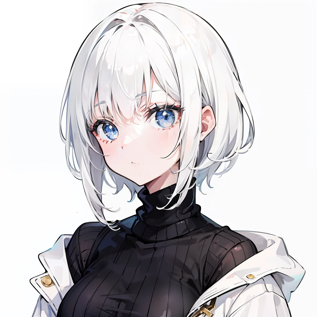 Short milky white hair,Black and white turtleneck sweater,A cute cute girl
