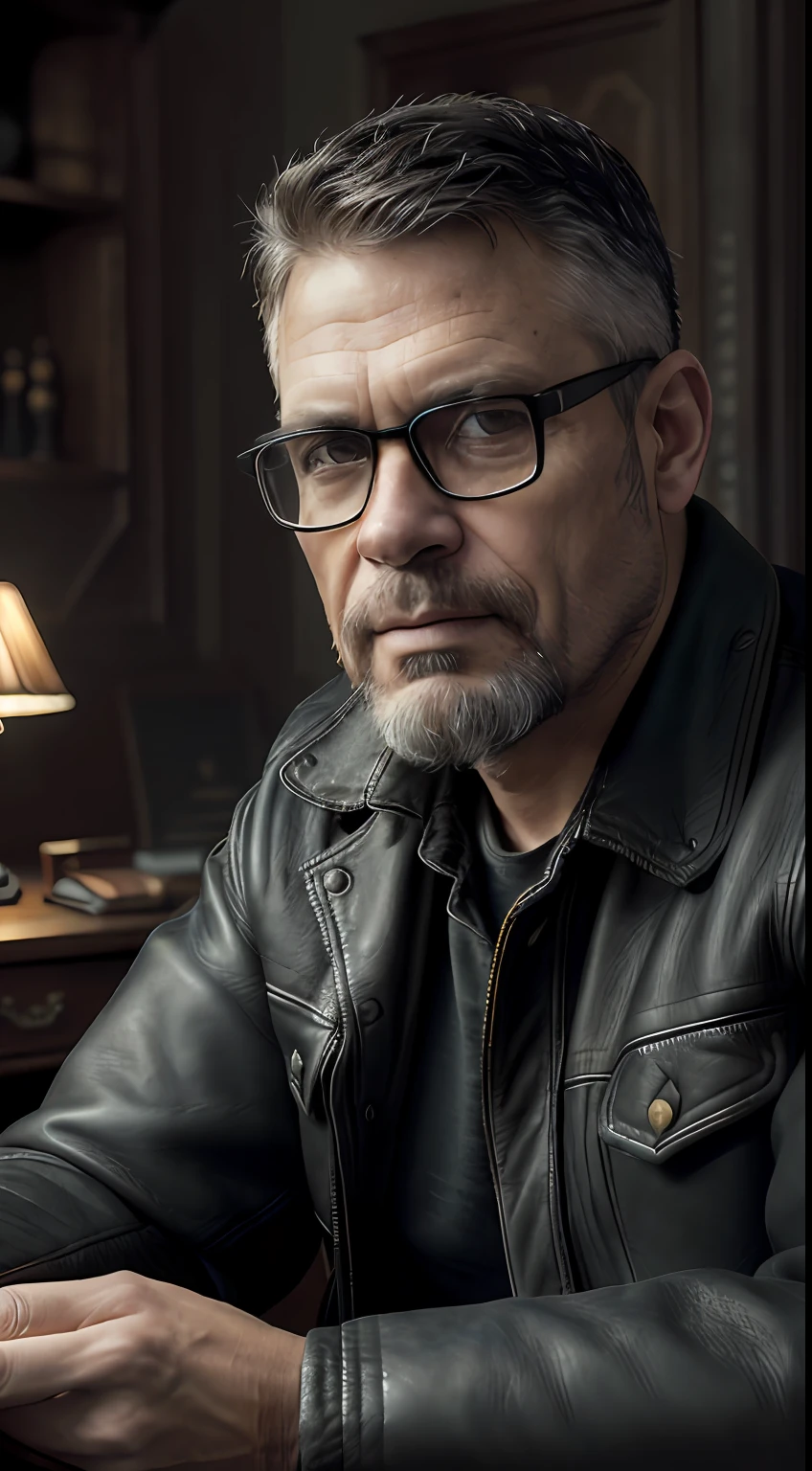 (editorial photograph 9:16of a working man sitting in his living room in, bearded, serious doing his reading, 47 years old, brown eyes), (wearing worn and worn winter shirt, wearing old worn black leather jacket, wearing glasses, detailed:1.3), (highly detailed face:1.4), (background inside dark, grumpy, private study, antique furniture:1.3), (8k, uhd, DSLR, high quality, cinematic lighting, bokeh), (dramatic and award-winning photography, amazing masterpiece:1.3) (strong depth of field)