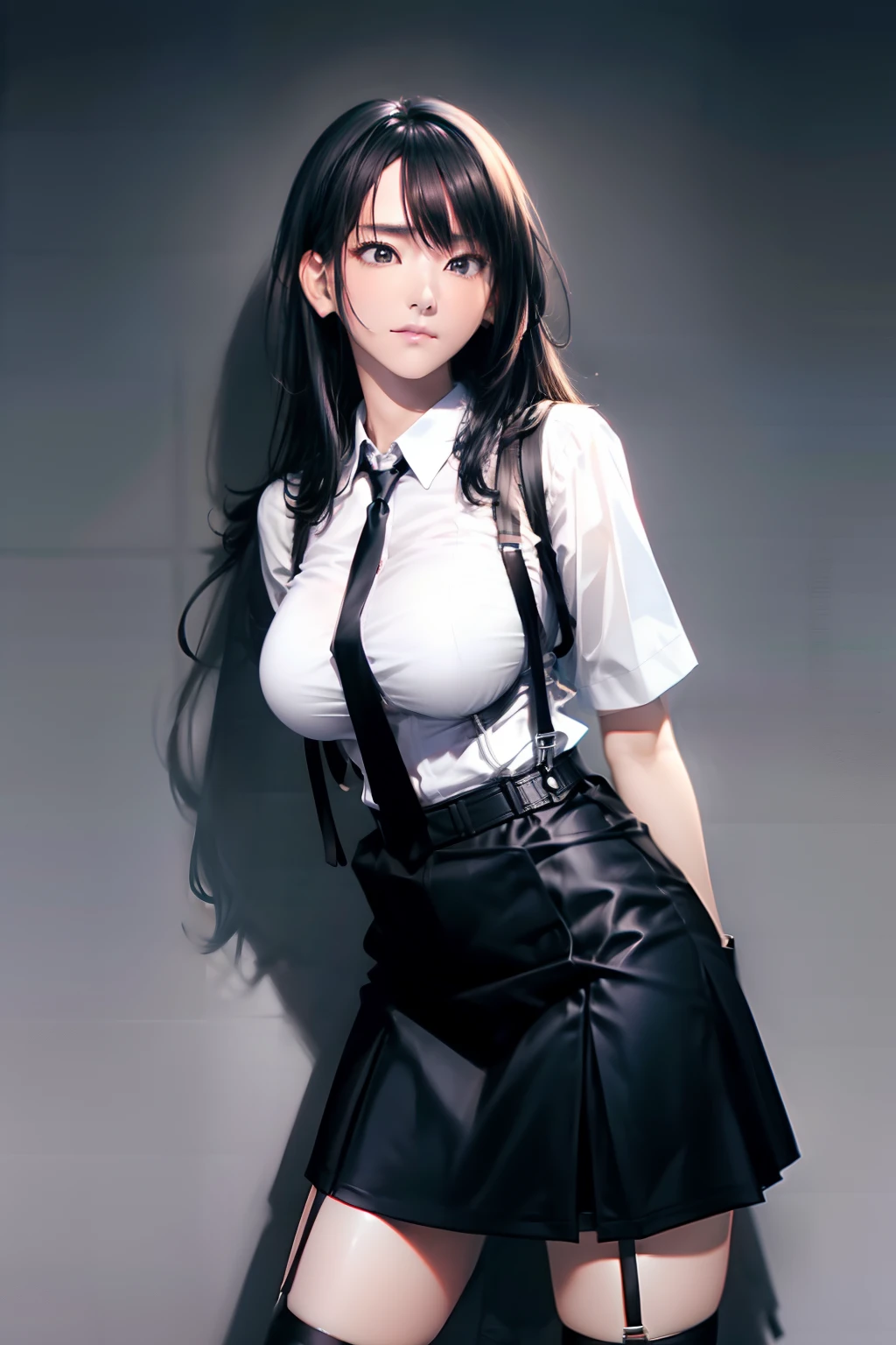 a black skirt, neck tie, Cutter shirt suspenders, Long Black Hair, Gray eyes, holster, Garter belt on the legs, , Big breasts, Pichi Pichi clothes, both sides deadpan Behind