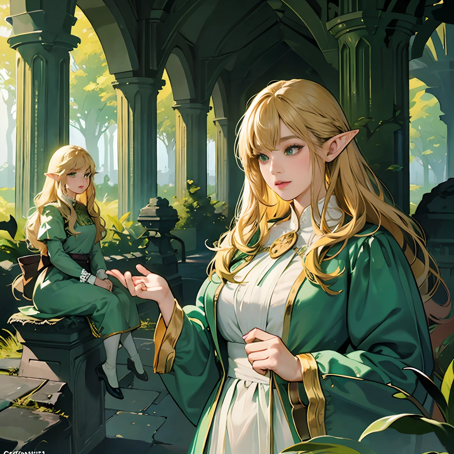 Women in Their 20s, offcial art, unity 8k wall paper, ultra-detailliert, beautifly、Aesthetic, ​masterpiece, top-quality, Photorealsitic, Female Elf、Dark green eyes、blondehair、Braids:2.0、Pointed ears、Dark green costume、Light green blouse、Gold Brooch、golden hair ornaments、Big magic wand:2.0、Big bag、depth of fields, Fantastic atmosphere, Calm palette, tranquil mood, Soft shading、Ruins in the forest、Ruins covered in vegetation、Crumbling stone statue、Green Tree々、Beautiful Landscapes、bbw、very large breast、plump figure、Luminous Fairy