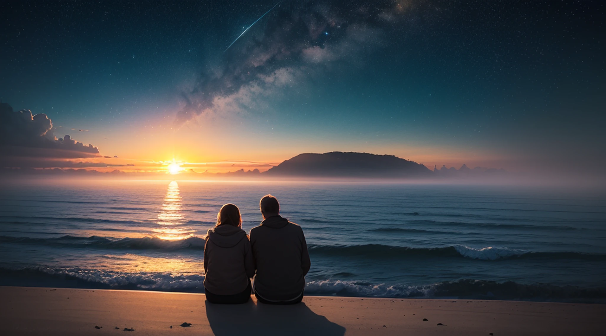 (Sunrise by the sea:1.5), A couple sitting by the sea, Many starlight, (ultra-detailed:1.5), 32k, cinematic angle, floating, (detailed light), beautifully detailed sky, starry sky, fog, snow, (painting), (sketch), lifelike texture, Hires upscale: 1.7, Hires upscaler: 4x_NMKD-Siax_200k, Denoising strength: 0.45, (illustration), cinematic lighting, (bloom), silhouette, backlighting, drop shadow, Ultra-Wide Angle