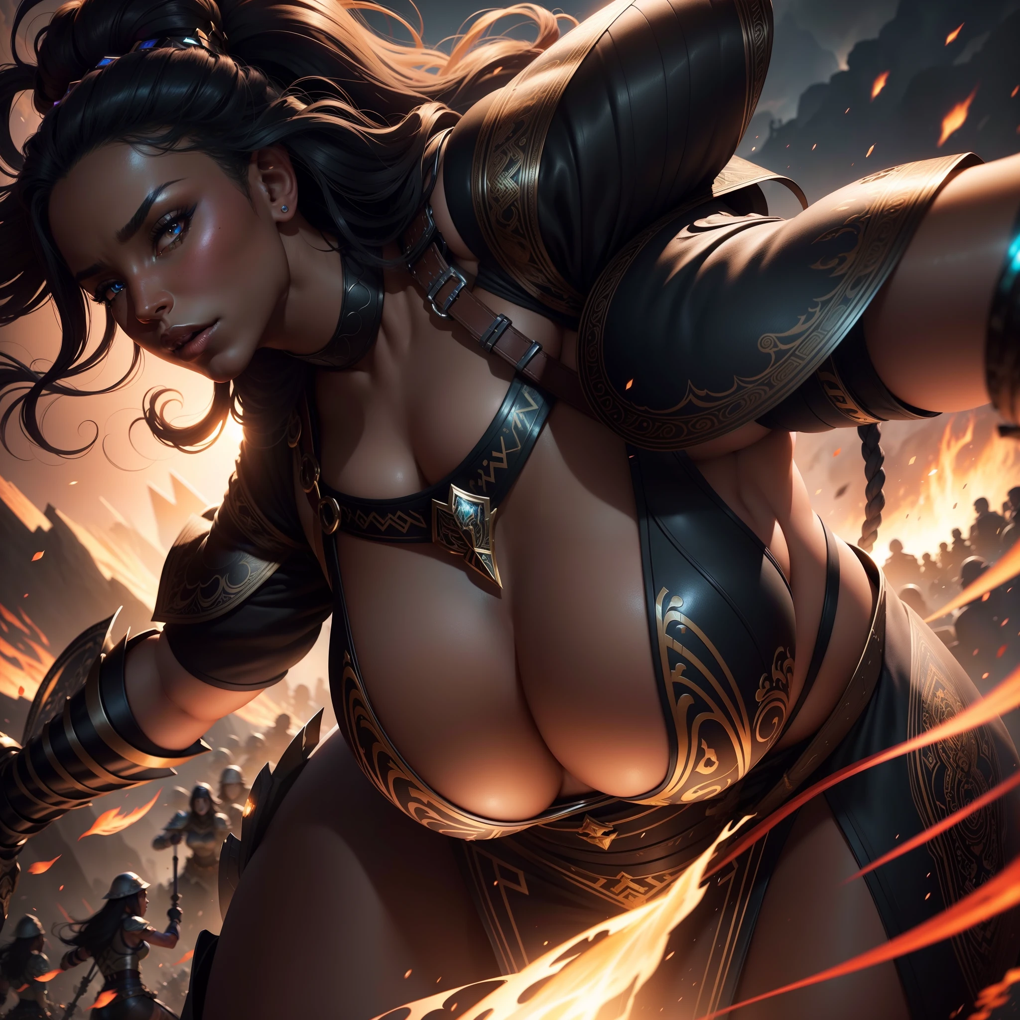 Beautiful black curvy warrior woman in battle with her army beside her, fierce and brave, with iridescent light, highly detailed images, vibrant beautiful colours, photorealistic image, 8k, ultra HD, unreal engine rendered, cinematic lighting, artgerm style,