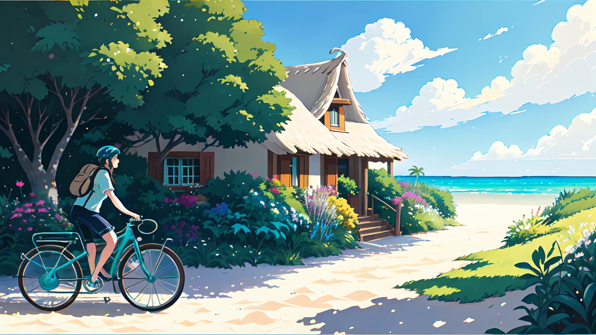 (bicyclette:1.5), (Realistic bike: 1.5), (realistic cyclist: 1.5), Plan en gros plan, Le meilleur des meilleurs, polynesie, plage mer, sable, Soleil, Landscaped background, ombres, contraste, Makoto Shinkai (beste-Qualit:1.3), (high resolucion:1) Art par Studio Ghibli Style, impressionnisme, couleurs vibrantes