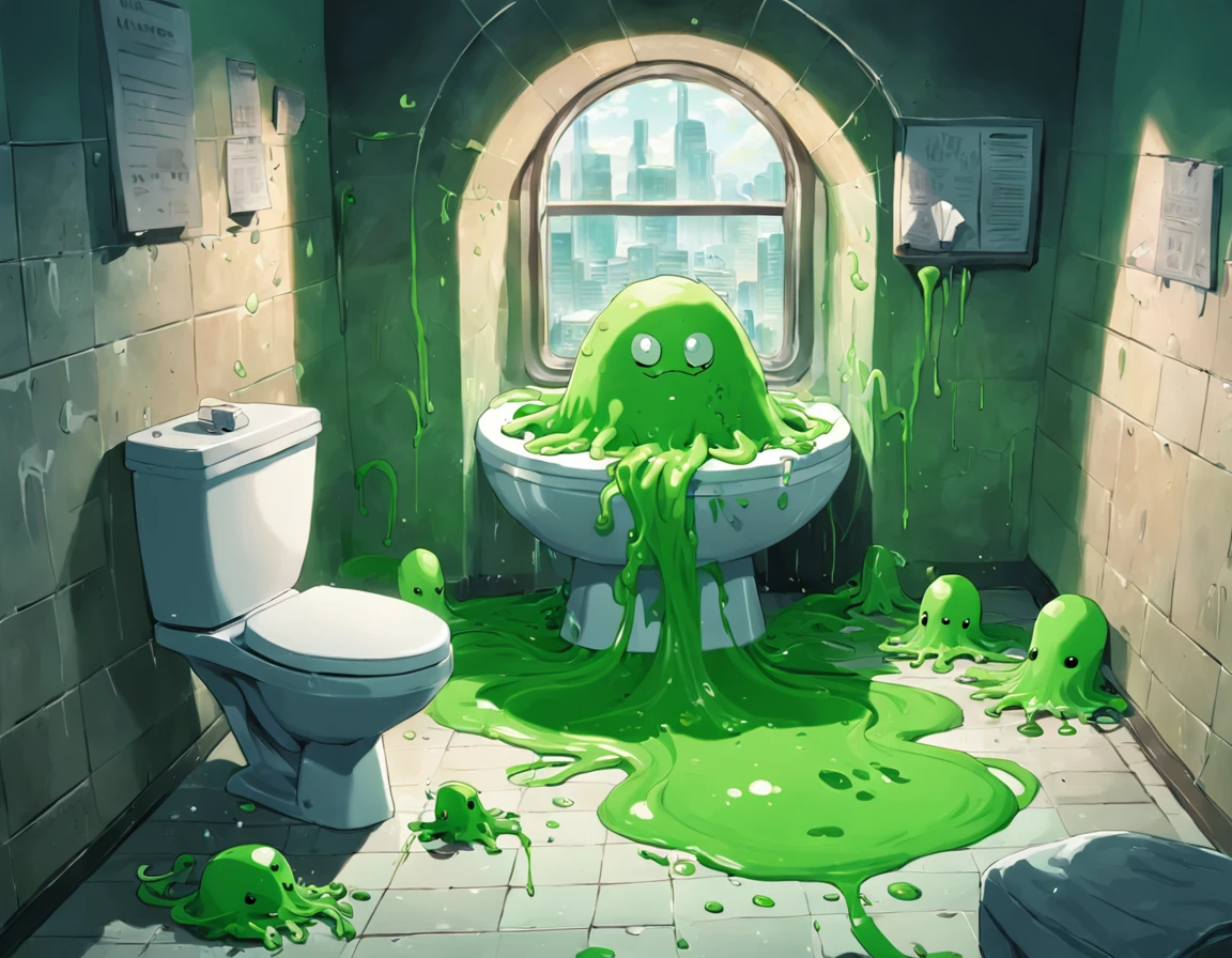 green slime alien blob with tentacles,invasion of green slime alien blobs popping out of the toilet,background:small bathroom,1toilet,1window,checkerboard floor,mess,newspapers,(green slime blasts),