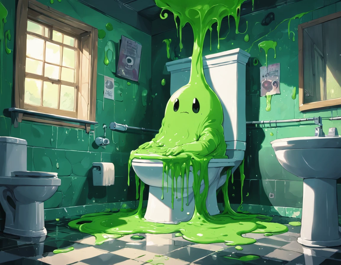 there is a woman sitting on a toilet covered in green paint, covered in slime!!, green slime dripping, wet and slimy, full of greenish liquid, dripping goo, green slime everywhere, character is covered in liquid, splattered goo, slimy and hot, dripping skin, oozing slime, green slime, toxic slime, bubbling ooze covered serious