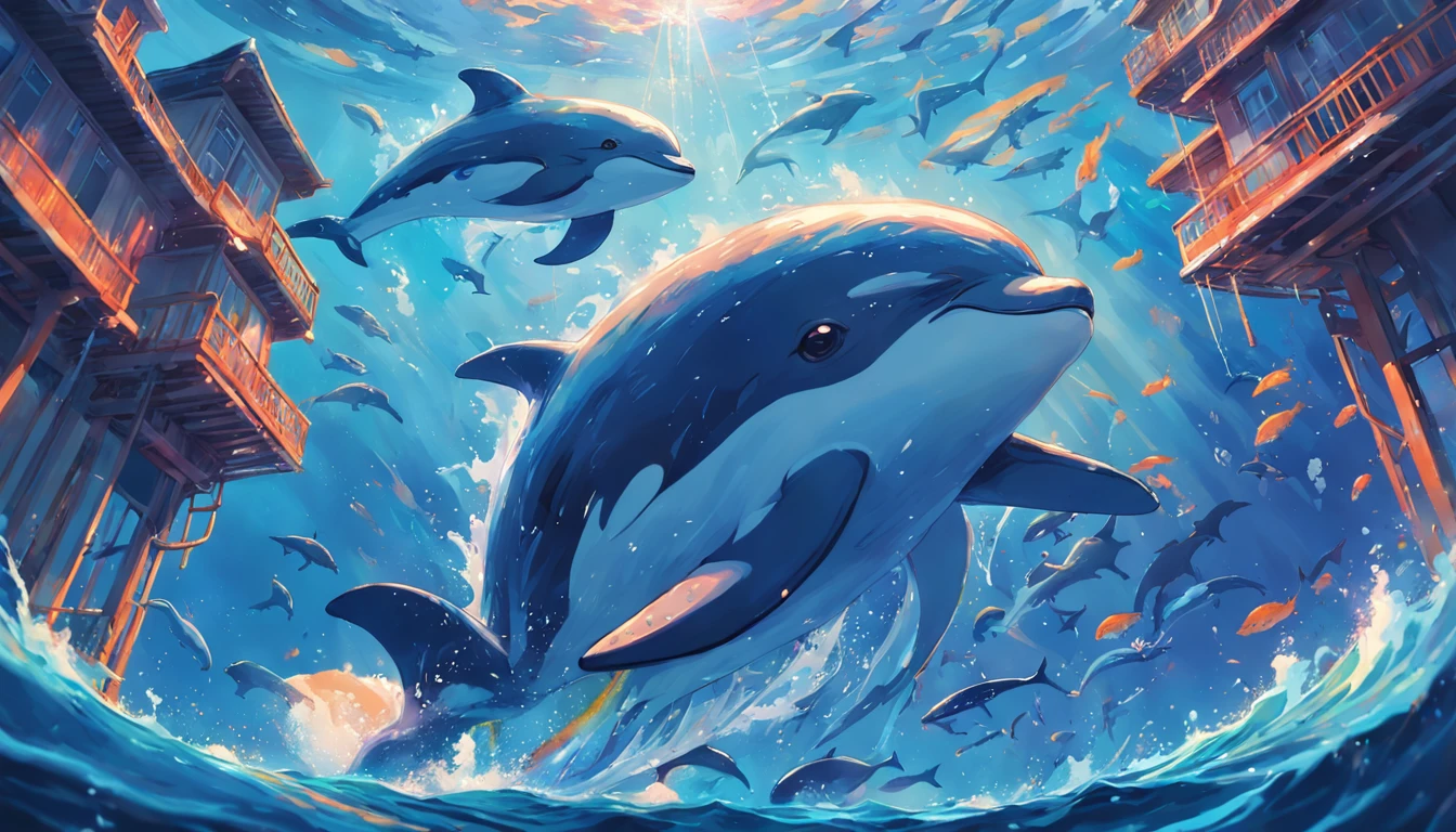 Painting of a pod of dolphins swimming in colorful ocean, Look up at the composition，sky whales, Inspired by Cyril Rolando, dreamy psychedelic anime, colorful anime movie background, A beautiful artwork illustration, author：Shitao, colorful concept art, Makoto Shinkai Cyril Rolando, In the style of Cyril Rolando, flying whale, Highly detailed watercolor 8K, highly detailed water colour 8 k，octane，Fine，Realistic，8K，Estilo de Makoto Shinkai( reasonable design, Clear lines, High sharpness,Best quality, Very detailed, Masterpiece, movie light effect, 4K )