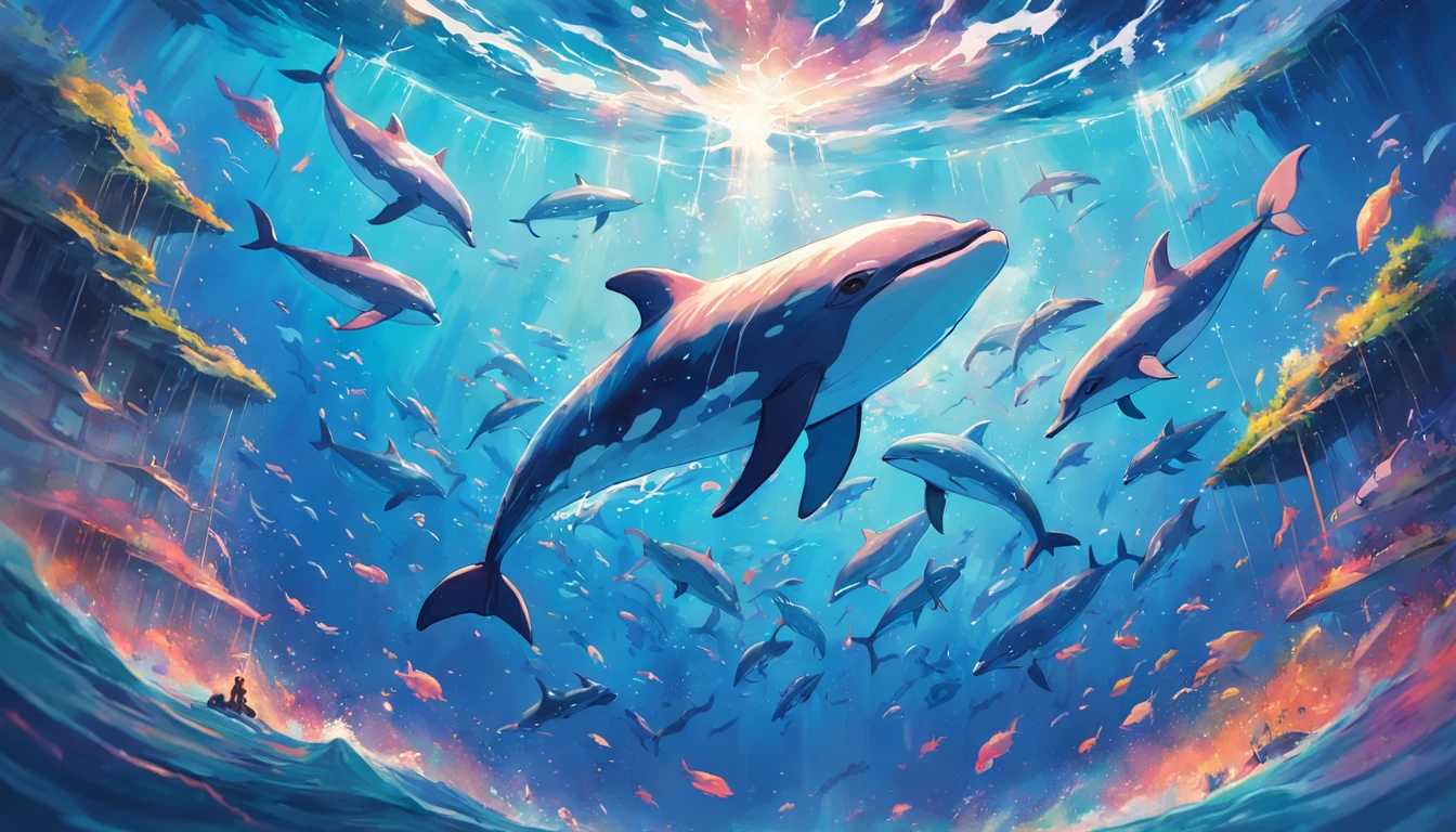 Painting of a pod of dolphins swimming in colorful ocean, Look up at the composition,sky whales, Inspired by Cyril Rolando, dreamy psychedelic anime, colorful anime movie background, A beautiful artwork illustration, author:Shitao, colorful concept art, Makoto Shinkai Cyril Rolando, In the style of Cyril Rolando, flying whale, Highly detailed watercolor 8K, highly detailed water colour 8 k,octane,Fine,Realistic,8K,Estilo de Makoto Shinkai( reasonable design, Clear lines, High sharpness,Best quality, Very detailed, Masterpiece, movie light effect, 4K )