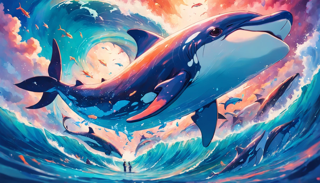 Painting of a pod of dolphins swimming in colorful ocean, Look up at the composition,sky whales, Inspired by Cyril Rolando, dreamy psychedelic anime, colorful anime movie background, A beautiful artwork illustration, author:Shitao, colorful concept art, Makoto Shinkai Cyril Rolando, In the style of Cyril Rolando, flying whale, Highly detailed watercolor 8K, highly detailed water colour 8 k,octane,Fine,Realistic,8K,Estilo de Makoto Shinkai( reasonable design, Clear lines, High sharpness,Best quality, Very detailed, Masterpiece, movie light effect, 4K )