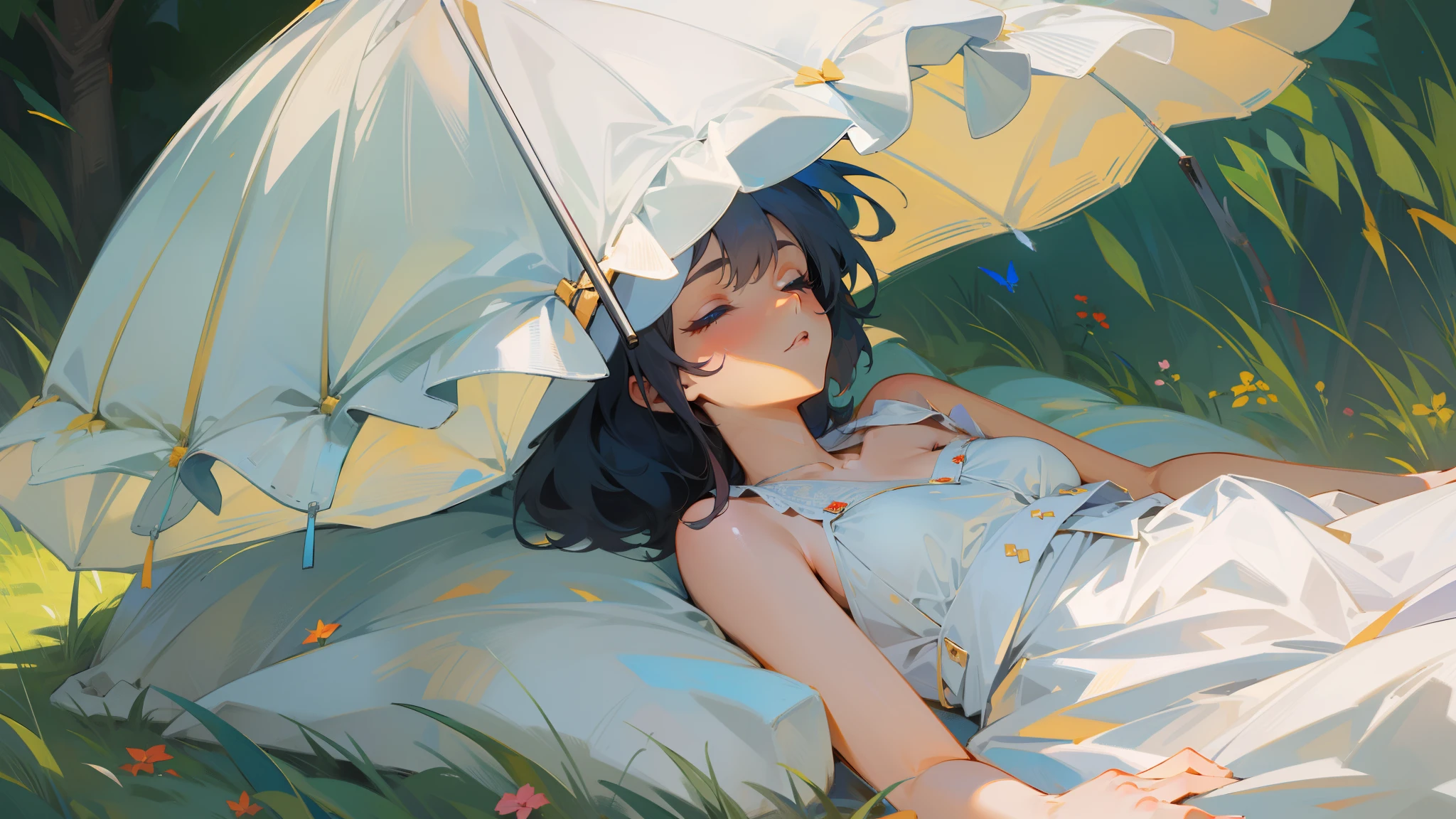 An uncle lying on the lawn，Many flowers，butterflys，cheerfulness，rejoice，Perfect quality，Clear focus（Clutter - home：0.8）， （tmasterpiece：1.2） （realisticlying：1.2） （bokeh） （best qualtiy） （detailedskin：1.3） （complexdetails） （8K） （detailedeyes） （Sharp focus）,（having fun）full bodyesbian，the background is clean，Vista composition，85MM LENS --auto