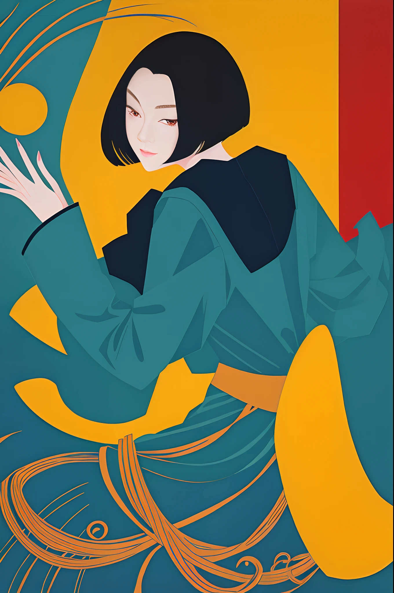 1girl in, Vector art, flat-colors, pop-art, A dark-haired, bob cuts, Full body, lofi color, (Hiperov), (masutepiece,Best Quality:1.5)