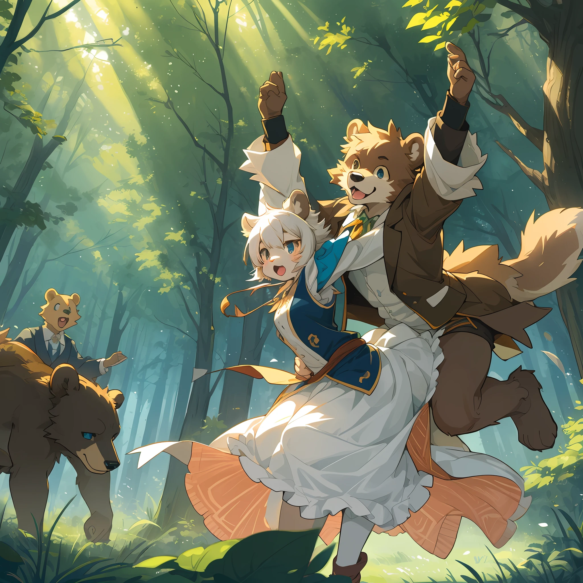 top quality, best quality, High-quality illustrations, masterpiece, super high resolution, detailed background, forest(super cute 1girl, bear, pair)singing, dancing, waltz, 6+boys, 6+girls, absurdres(highly detailed beautiful face and eyes)perfect anatomy, expression, good lighting, cinematic shadow(kemono, furry anthro)assorted poses, dynamic angle,