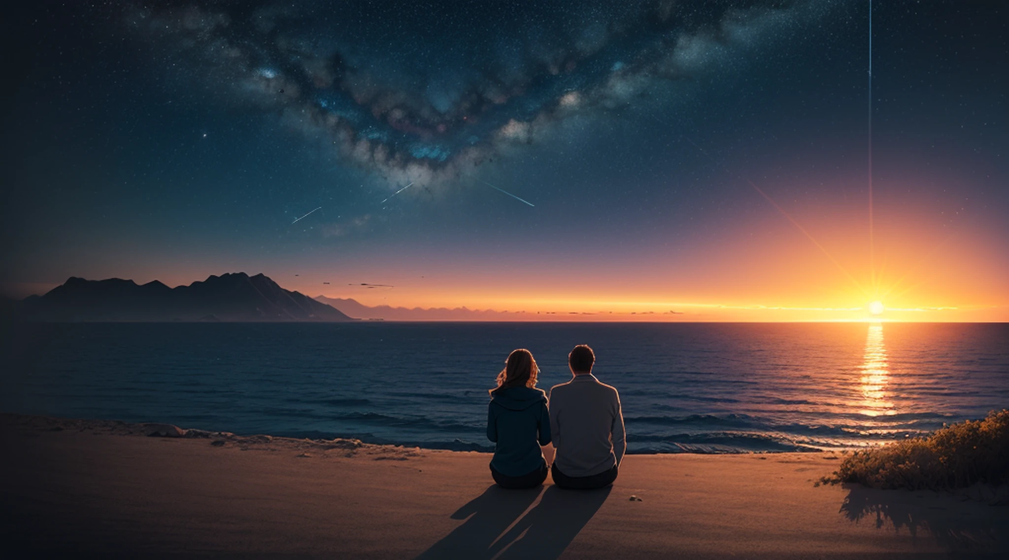 (Sunrise by the sea:1.5), A couple sitting by the sea, Many starlight, (ultra-detailed:1.5), 32k, cinematic angle, floating, (detailed light), beautifully detailed sky, starry sky, snow, (painting), (sketch), lifelike texture, Hires upscale: 1.7, Hires upscaler: 4x_NMKD-Siax_200k, Denoising strength: 0.45, (illustration), cinematic lighting, (bloom), silhouette, backlighting, drop shadow, Ultra-Wide Angle