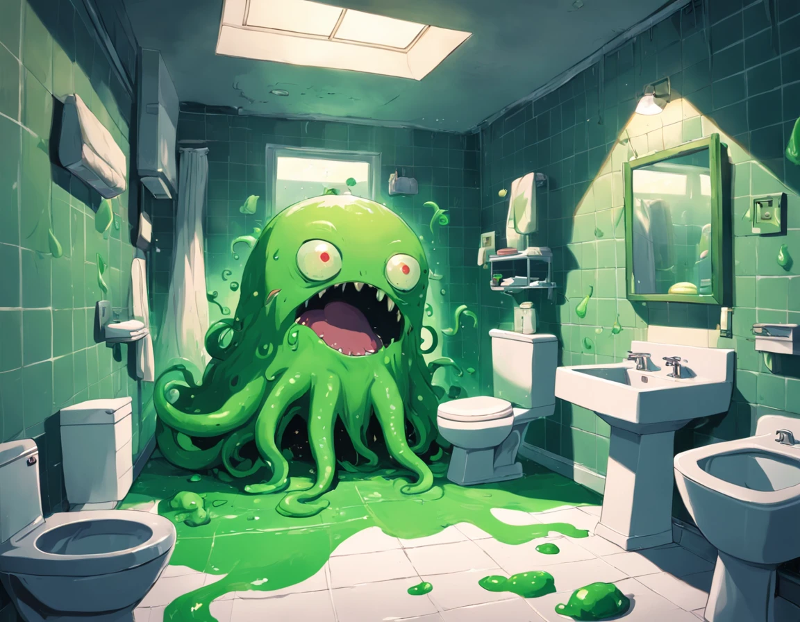 green slime alien blob with tentacles,invasion of green slime alien blobs popping out of the toilet,background:small school, checkerboard floor,mess,newspapers,(green slime blasts),