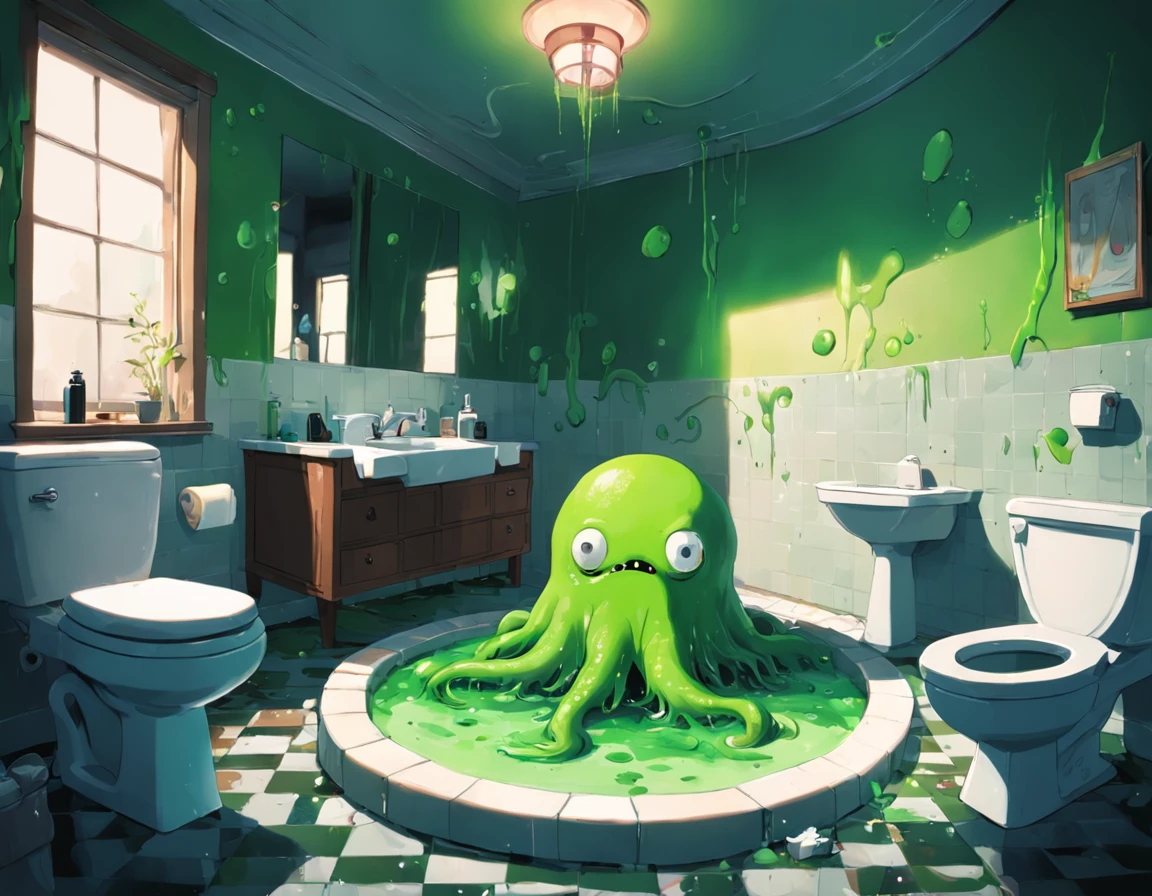 small bathroom,toilet,(green slime alien blob monster with tentacles), pops out of the toilet, background: small bathroom,1toilet,1window,((green slime explosions)), checkerboard floor,mess, newspapers,