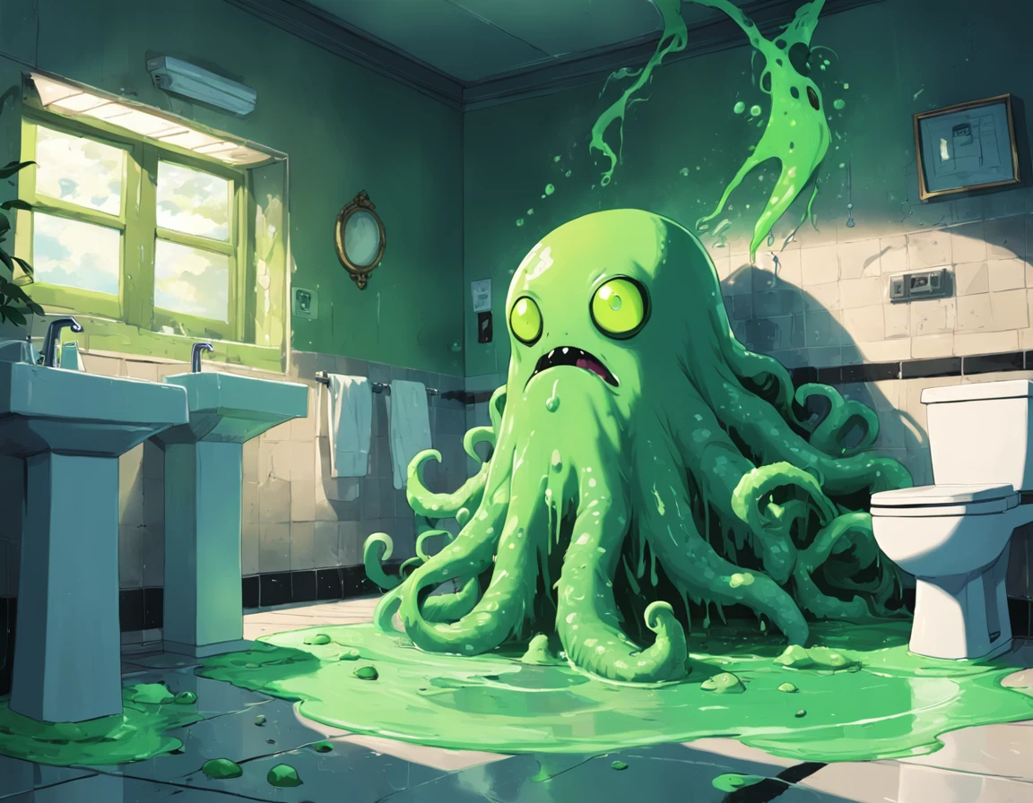 small bathroom,toilet,(green slime alien blob monster with tentacles), pops out of the toilet, background: small bathroom,1toilet,1window,((green slime explosions)), checkerboard floor,mess, newspapers,