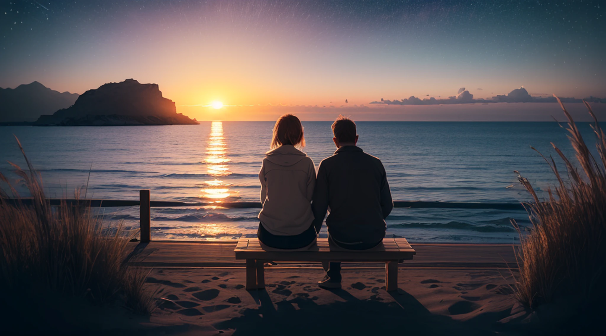 (Sunrise by the sea:1.5), A couple sitting by the sea, Many starlight, (ultra-detailed:1.5), 32k, cinematic angle, floating, (detailed light), beautifully detailed sky, starry sky, snow, (painting), (sketch), lifelike texture, Hires upscale: 1.7, Hires upscaler: 4x_NMKD-Siax_200k, Denoising strength: 0.45, (illustration), cinematic lighting, (bloom), silhouette, backlighting, drop shadow, Ultra-Wide Angle