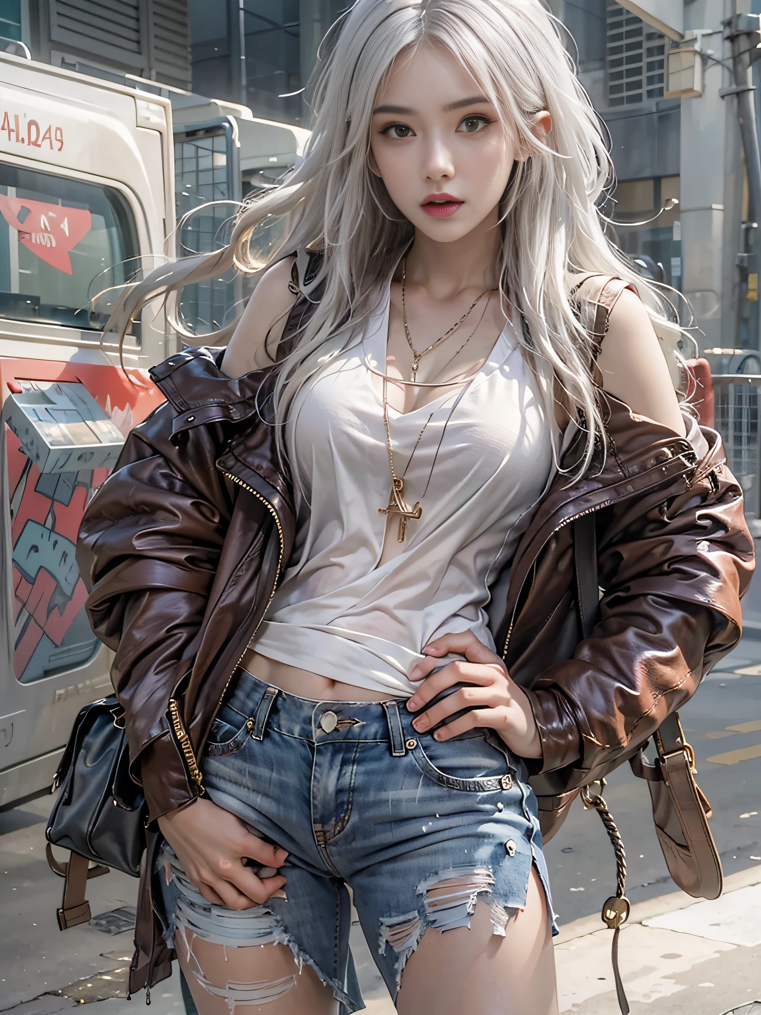 photorealistic, high resolution, 1women, solo, hips up, look at viewer, (detailed face), white hair, long hair, street wear, jewelry, belly tattoo