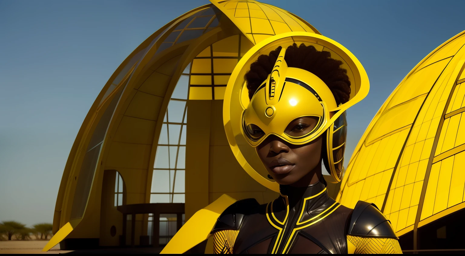 african woman wearing a mask and yellow organic costume with glass dome visor, movie still of the alien girl, alien woman, as a futuristic heroine, vespertine, futuristic clothing and glass, movie still, fashionable futuristic woman, iris van herpen rankin, female alien, alien girl, of a futuristic woman selk'nam. avante garde design stylings inspired by curves