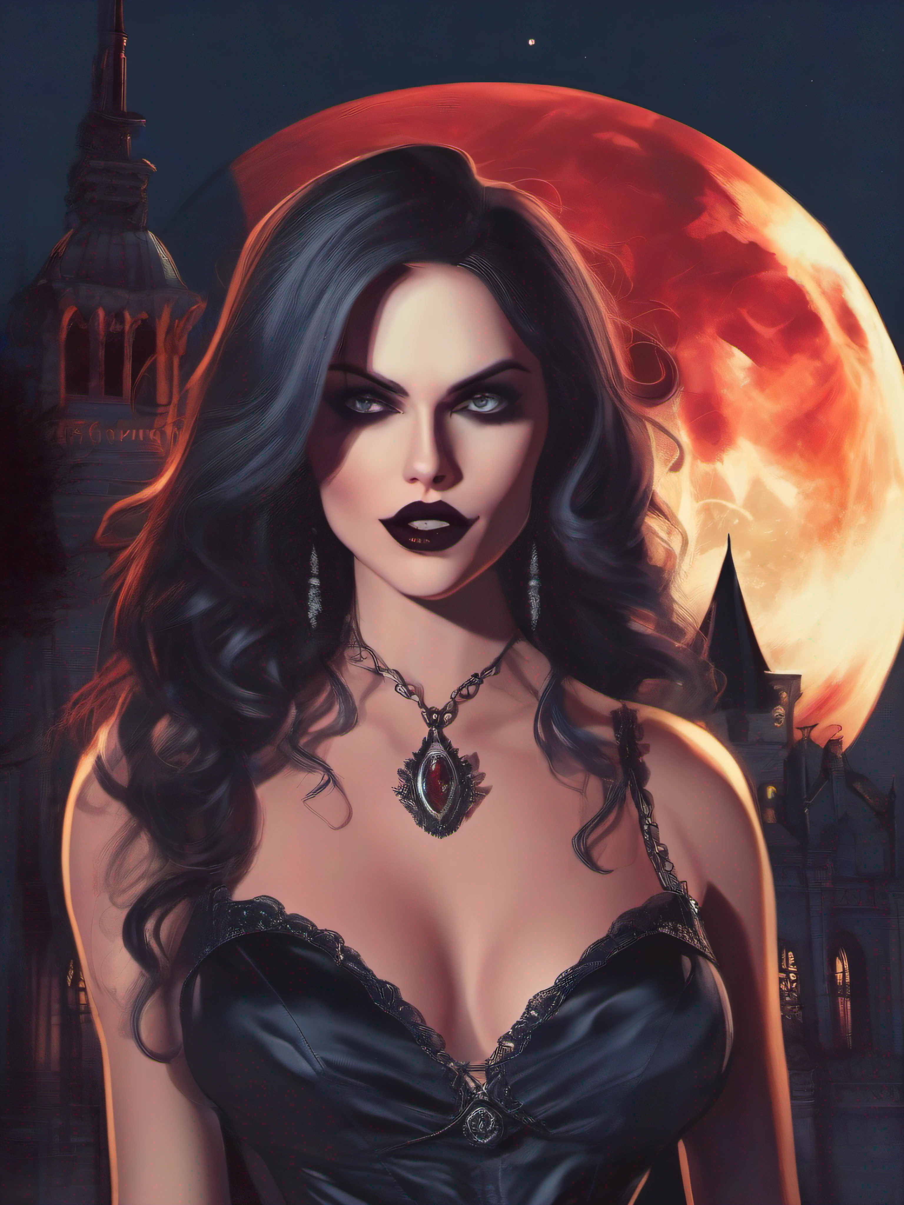 "Sexy vampire woman with fangs, seductively gazing at the neck, under the moonlight."