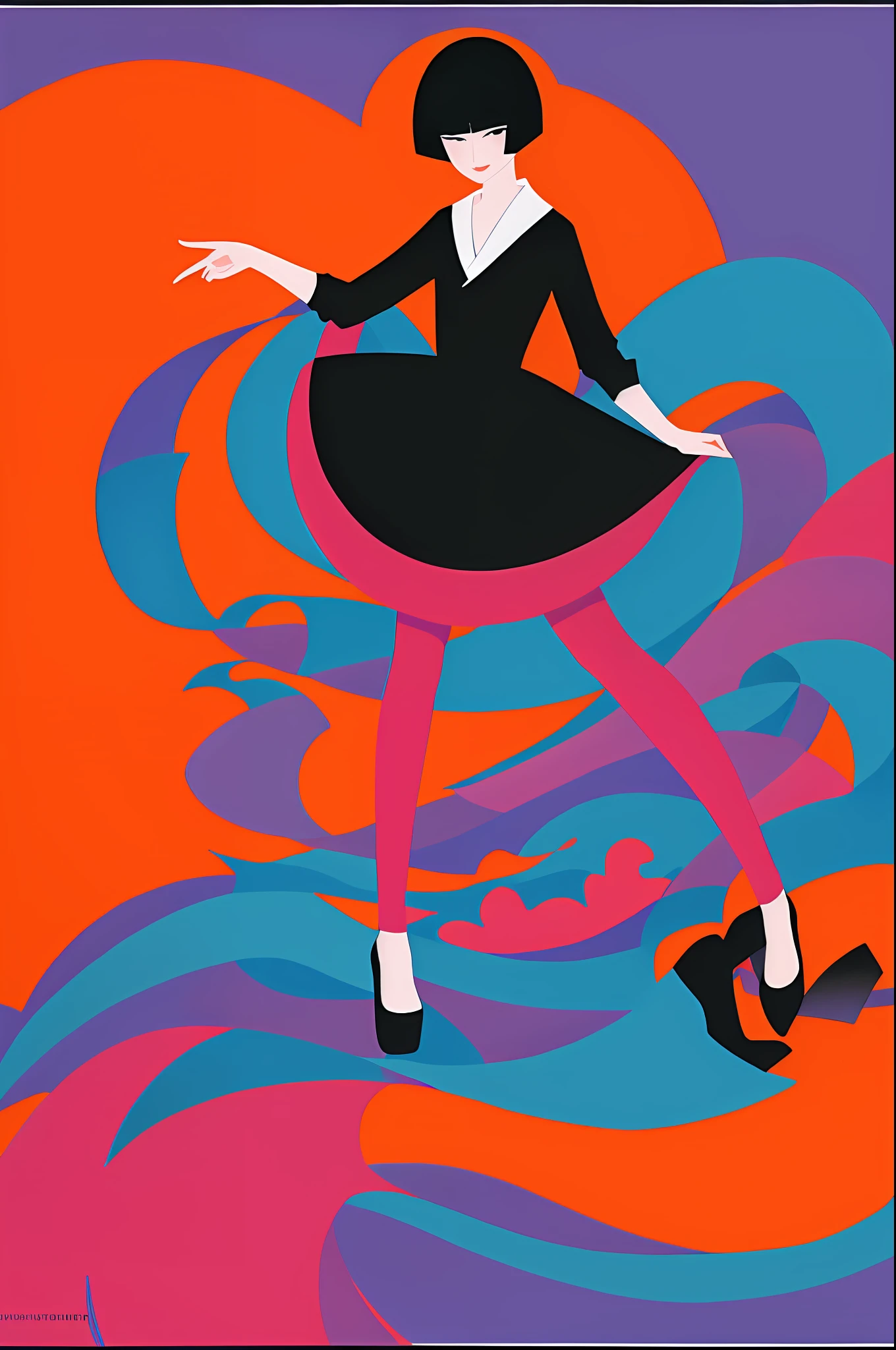 1girl in, Vector art, flat-colors, pop-art, A dark-haired, bob cuts, Full body, lofi color, (Hiperov), (masutepiece,Best Quality:1.5)