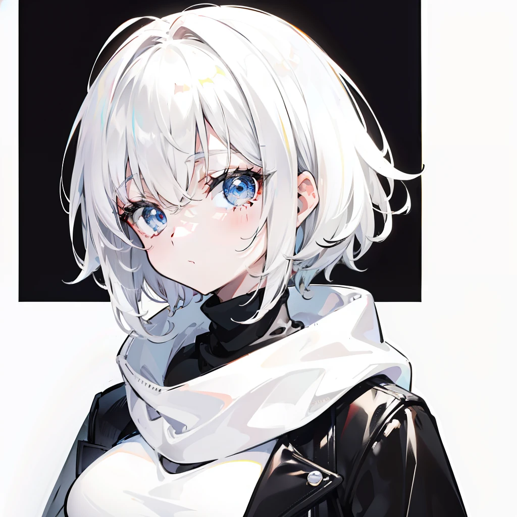 Short milky white hair,Black and white turtleneck sweater,A cute cute girl