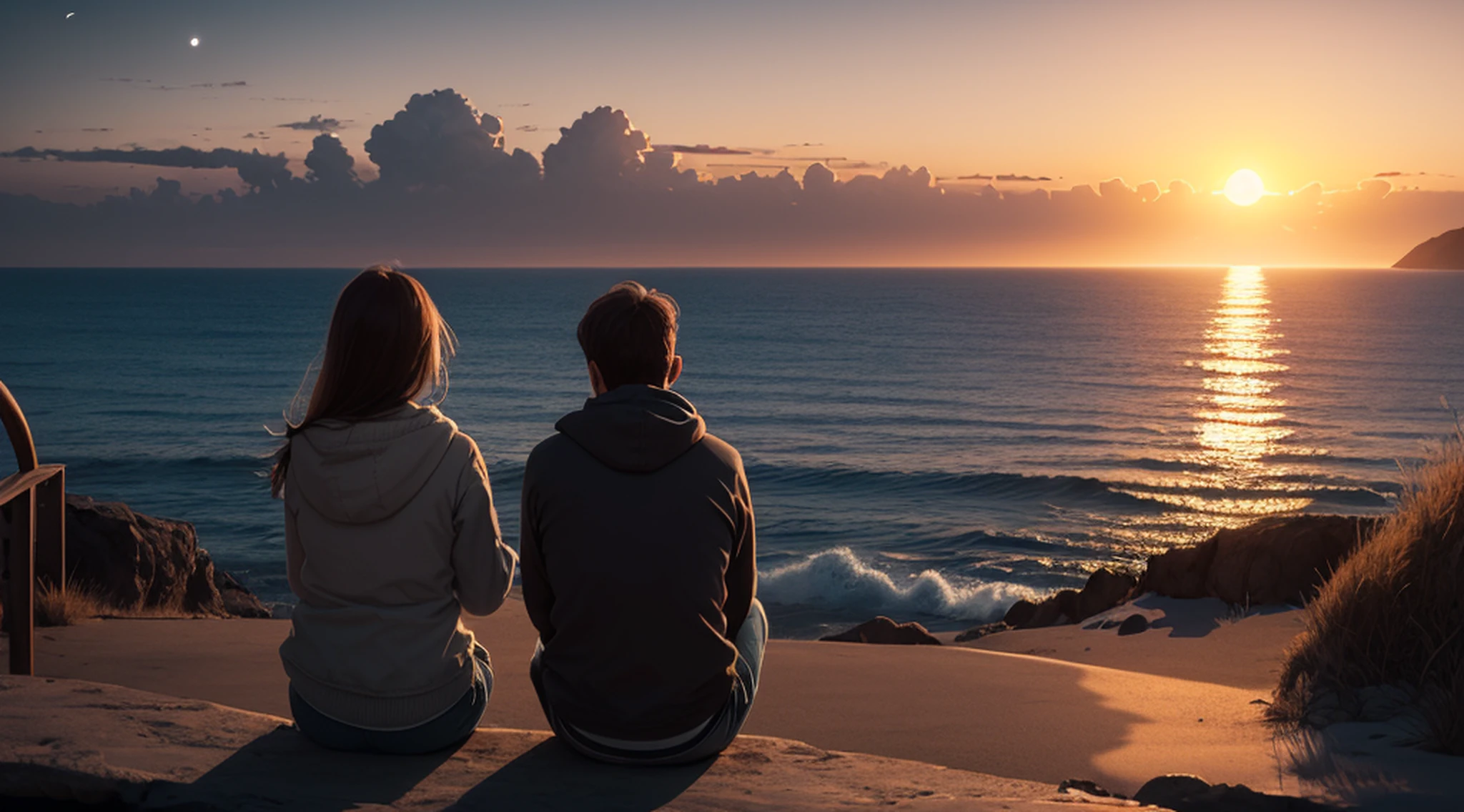 (Sunrise by the sea:1.5), A couple sitting by the sea, Many starlight, (ultra-detailed:1.5), 32k, cinematic angle, floating, (detailed light), beautifully detailed sky, starry sky, snow, (painting), (sketch), lifelike texture, Hires upscale: 1.7, Hires upscaler: 4x_NMKD-Siax_200k, Denoising strength: 0.45, (illustration), cinematic lighting, (bloom), silhouette, backlighting, drop shadow, Ultra-Wide Angle