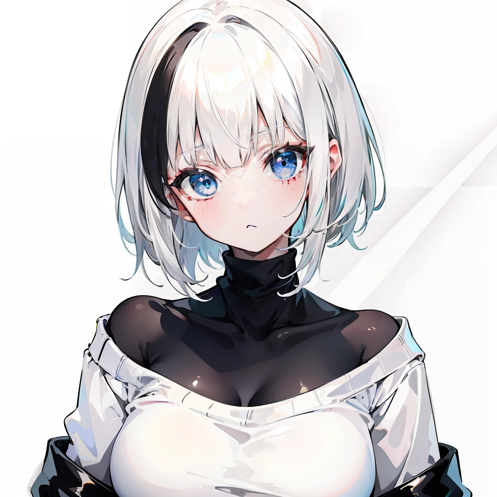 Short milky white hair,Black and white turtleneck sweater,A cute cute girl