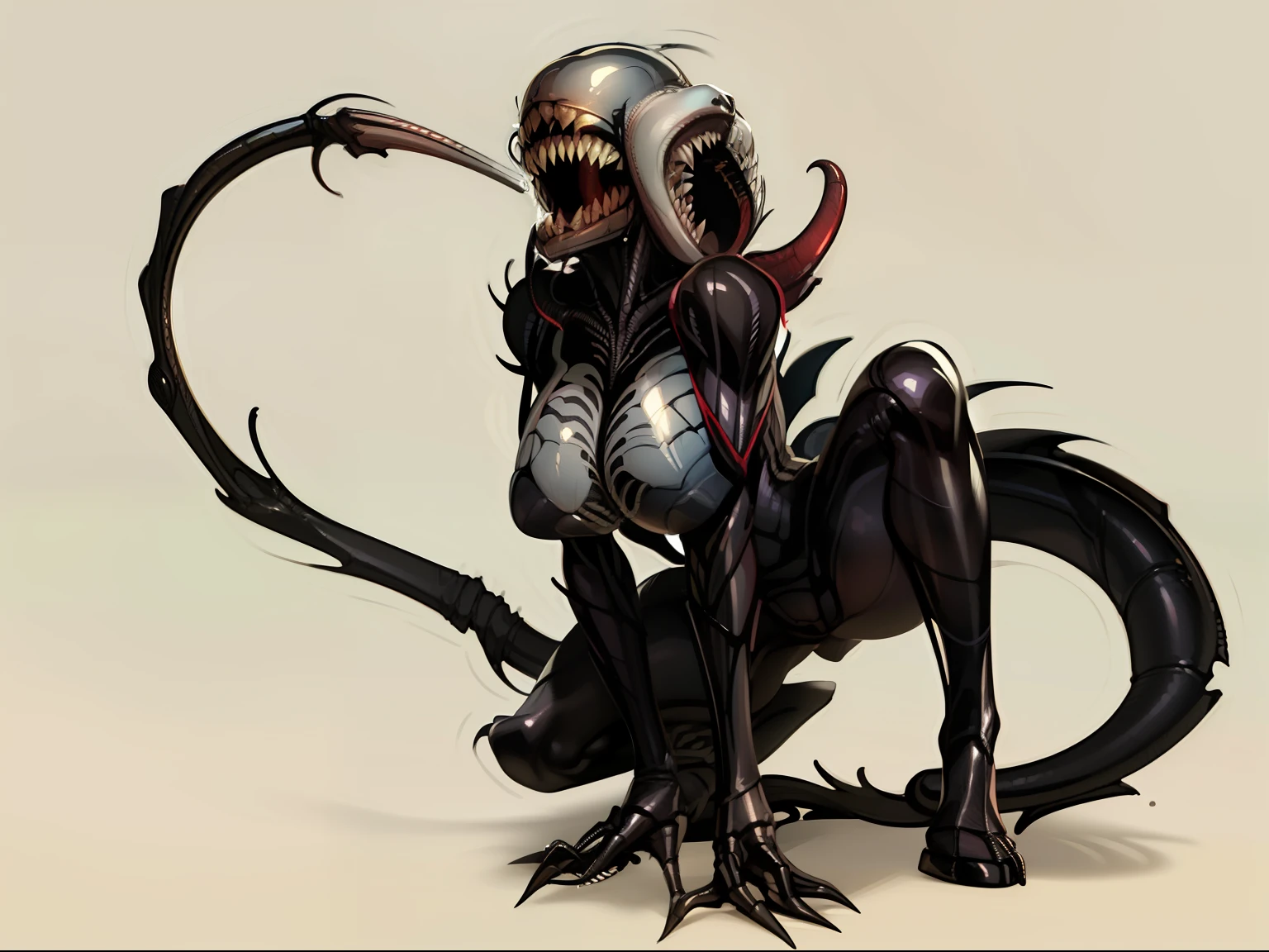 a sexy female version of venom, doomy, dangerous, 1girl, detailed eyes, detailed lips, long eyelashes, sharp fangs, black symbiote suit, ominous atmosphere, dark and moody, dramatic lighting, cinematic composition, hyper detailed, 8k, photorealistic, masterpiece, concept art, dark fantasy, horror, sci-fi