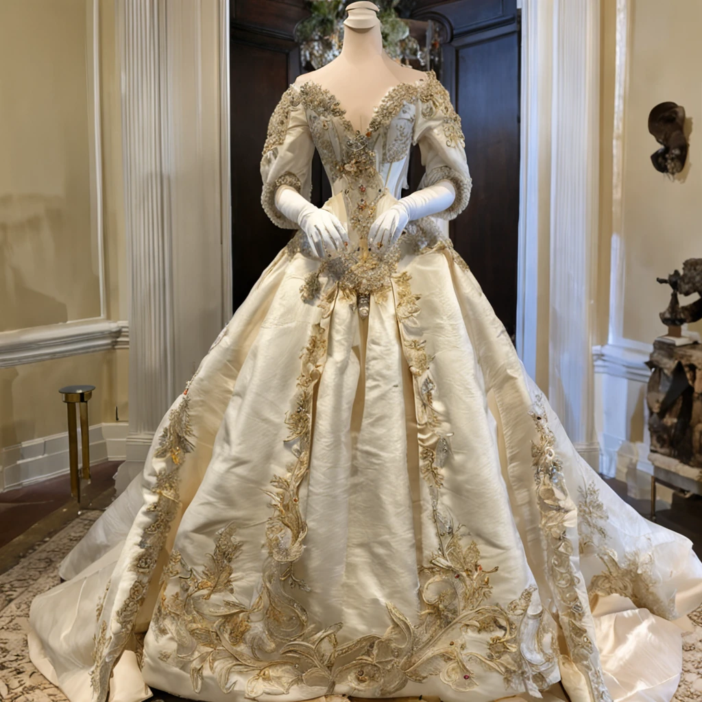 A luxurious intricate ral-mycelium Victorian-era gown,displayed in a historic fashion museum <lora:ral-mycelium-sdxl:1>, <lora:EnvyBetterHiresFixXL01:0:hr=1>