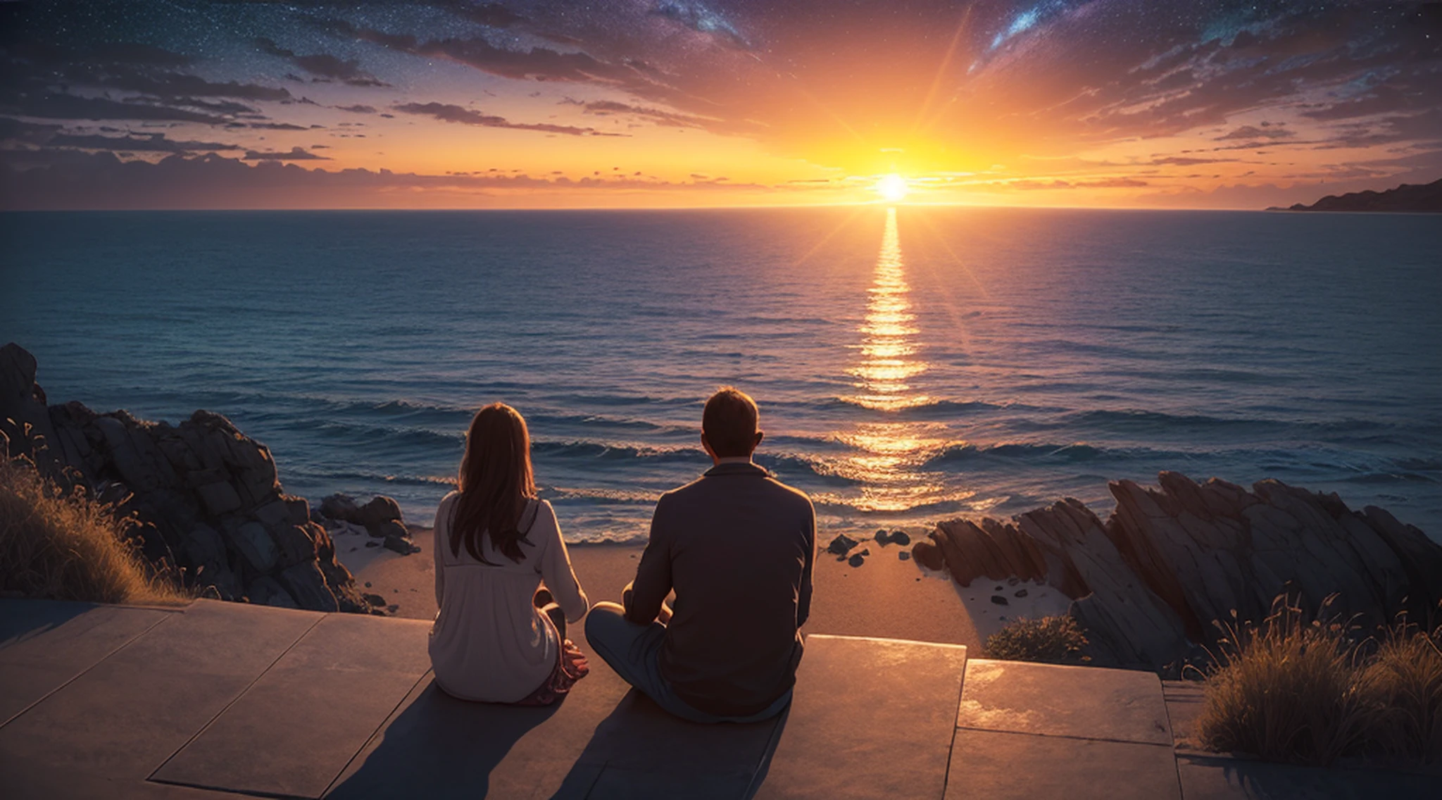 (Sunrise by the sea:1.5), A couple sitting by the sea, Many starlight, (ultra-detailed:1.5), 32k, cinematic angle, floating, (detailed light), beautifully detailed sky, starry sky, snow, (painting), (sketch), lifelike texture, Hires upscale: 1.7, Hires upscaler: 4x_NMKD-Siax_200k, Denoising strength: 0.45, (illustration), cinematic lighting, (bloom), silhouette, backlighting, drop shadow, Ultra-Wide Angle